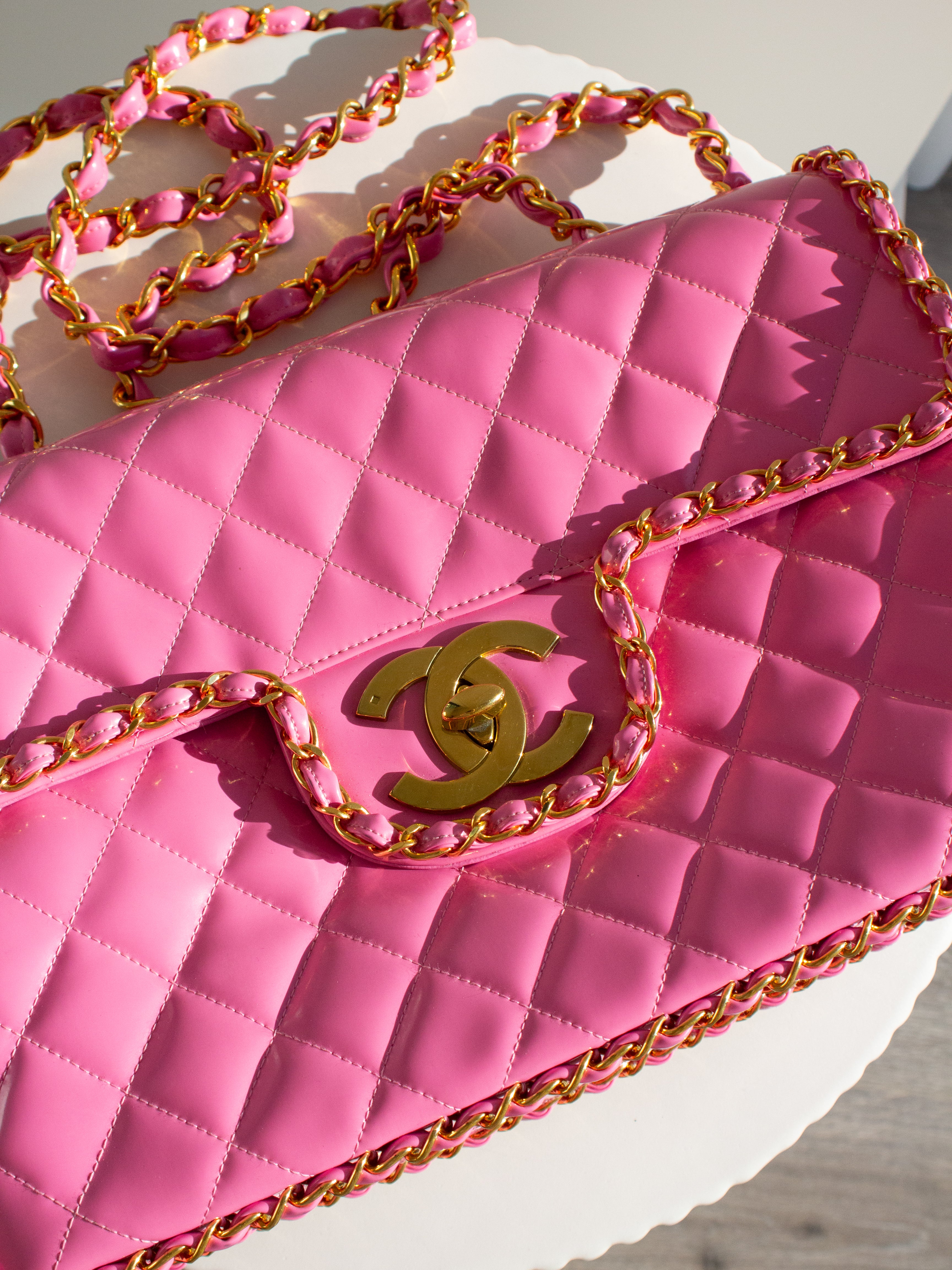 Chanel 1995 Barbie Pink 24K Gold Chain Around Patent Lambskin Jumbo XL 95P Bag