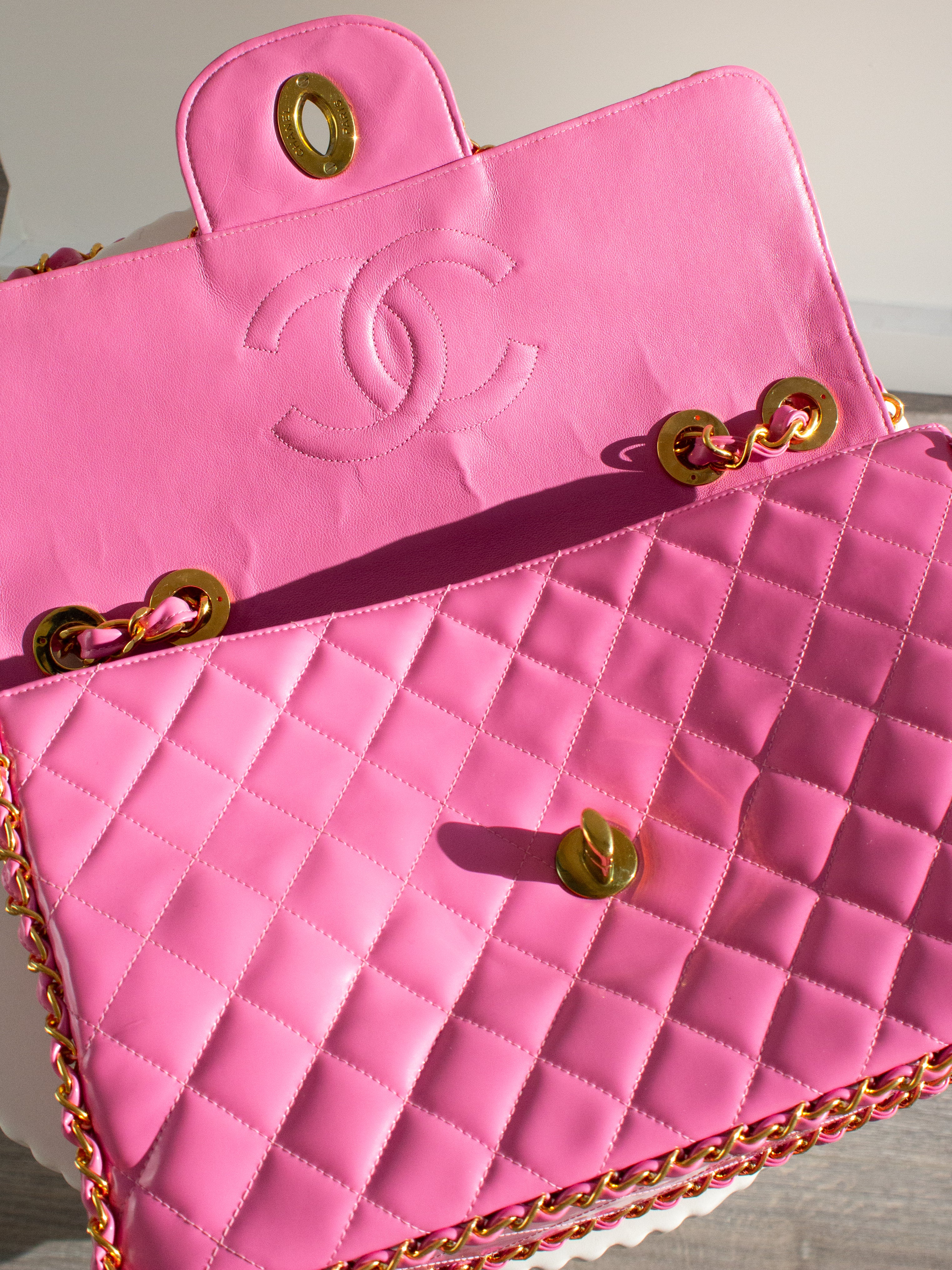 Chanel 1995 Barbie Pink 24K Gold Chain Around Patent Lambskin Jumbo XL 95P Bag