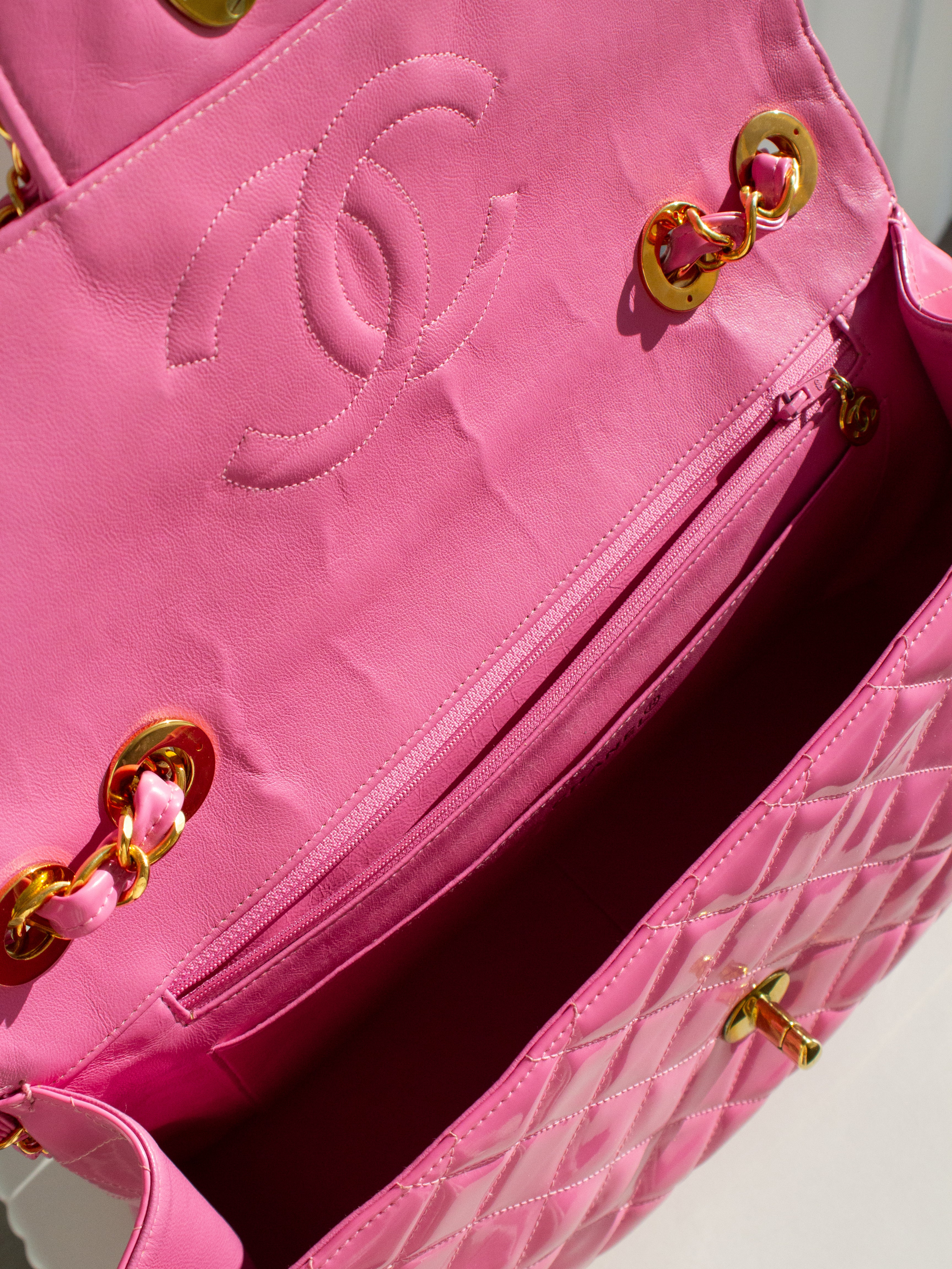 Chanel 1995 Barbie Pink 24K Gold Chain Around Patent Lambskin Jumbo XL 95P Bag