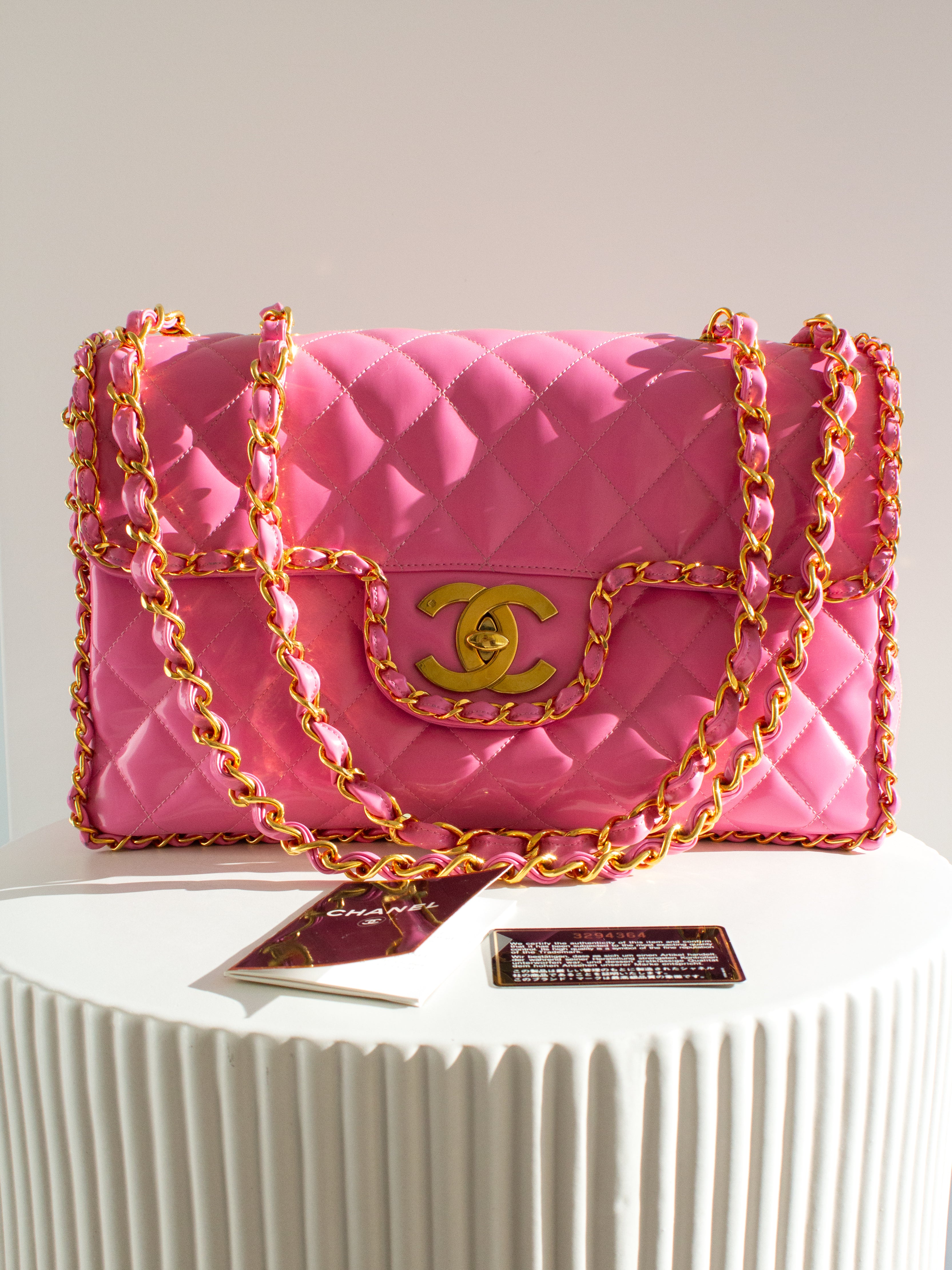 Chanel 1995 Barbie Pink 24K Gold Chain Around Patent Lambskin Jumbo XL 95P Bag