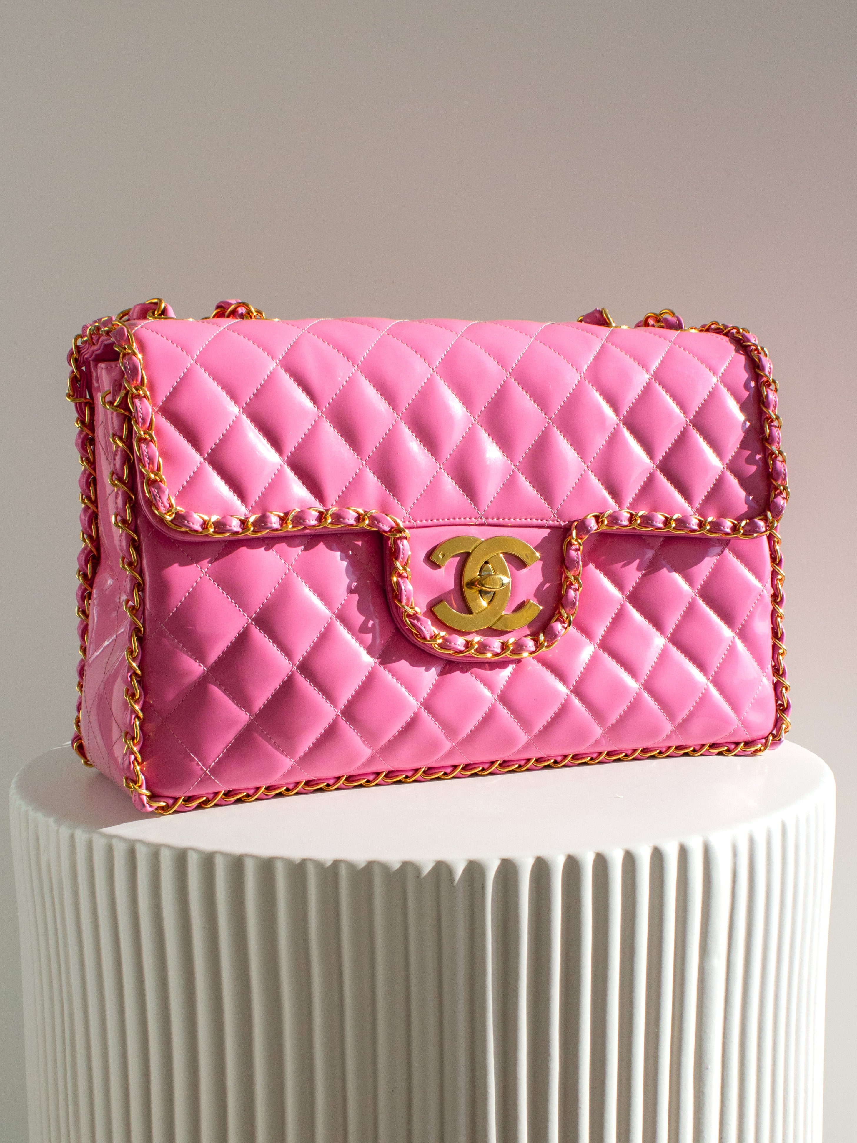 Chanel 1995 Barbie Pink 24K Gold Chain Around Patent Lambskin Jumbo XL 95P Bag