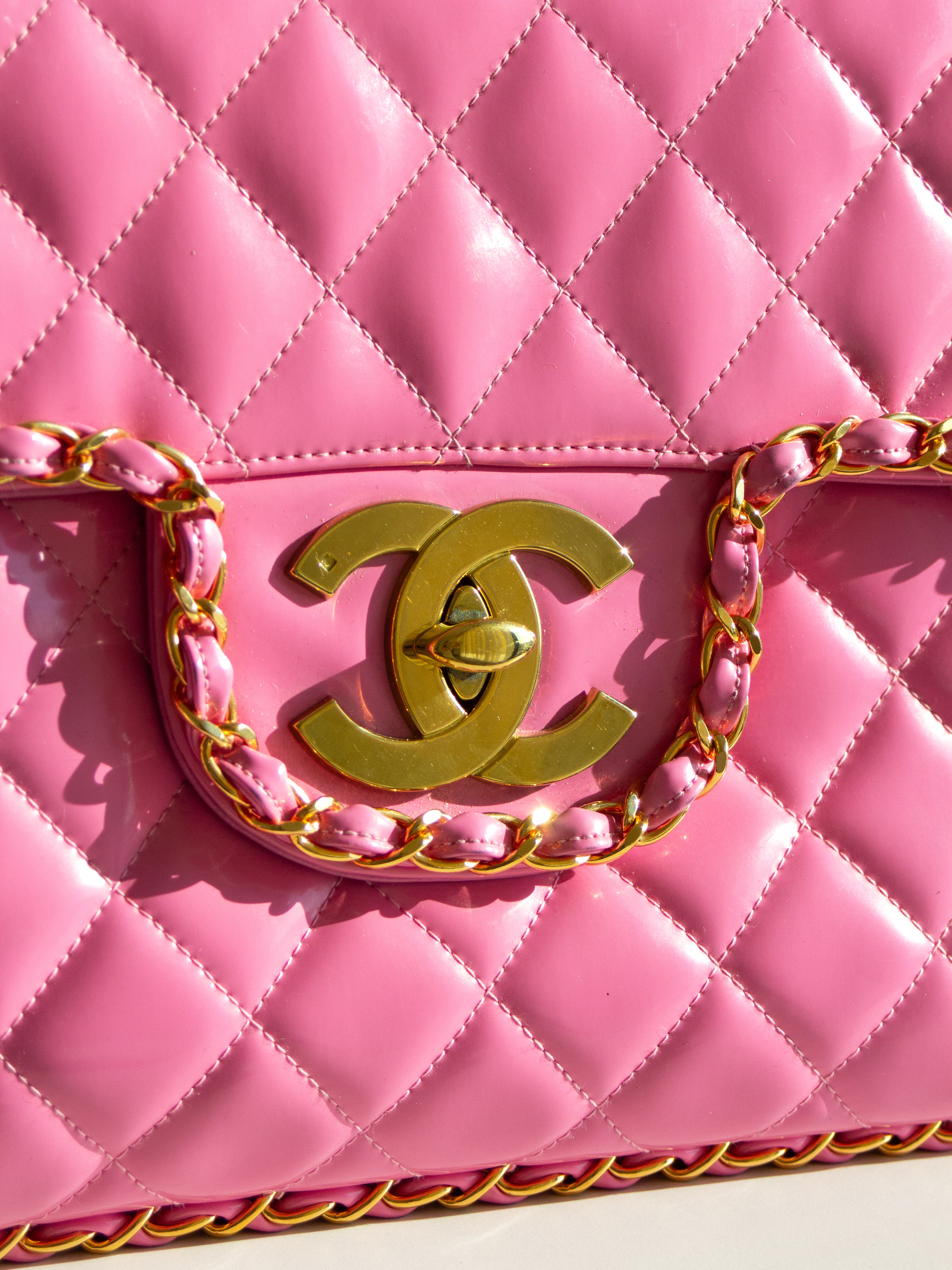 Chanel 1995 Barbie Pink 24K Gold Chain Around Patent Lambskin Jumbo XL 95P Bag