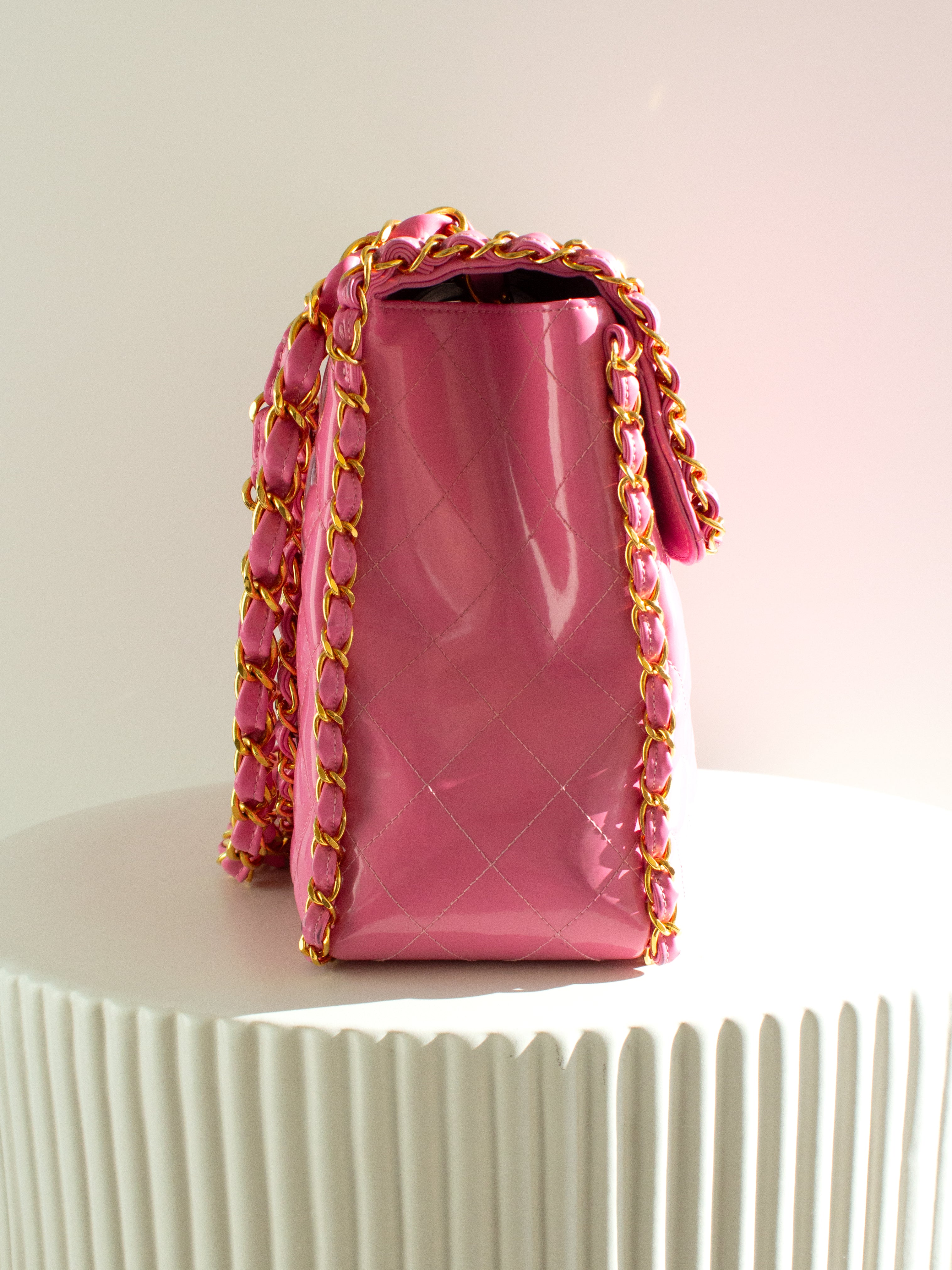 Chanel 1995 Barbie Pink 24K Gold Chain Around Patent Lambskin Jumbo XL 95P Bag