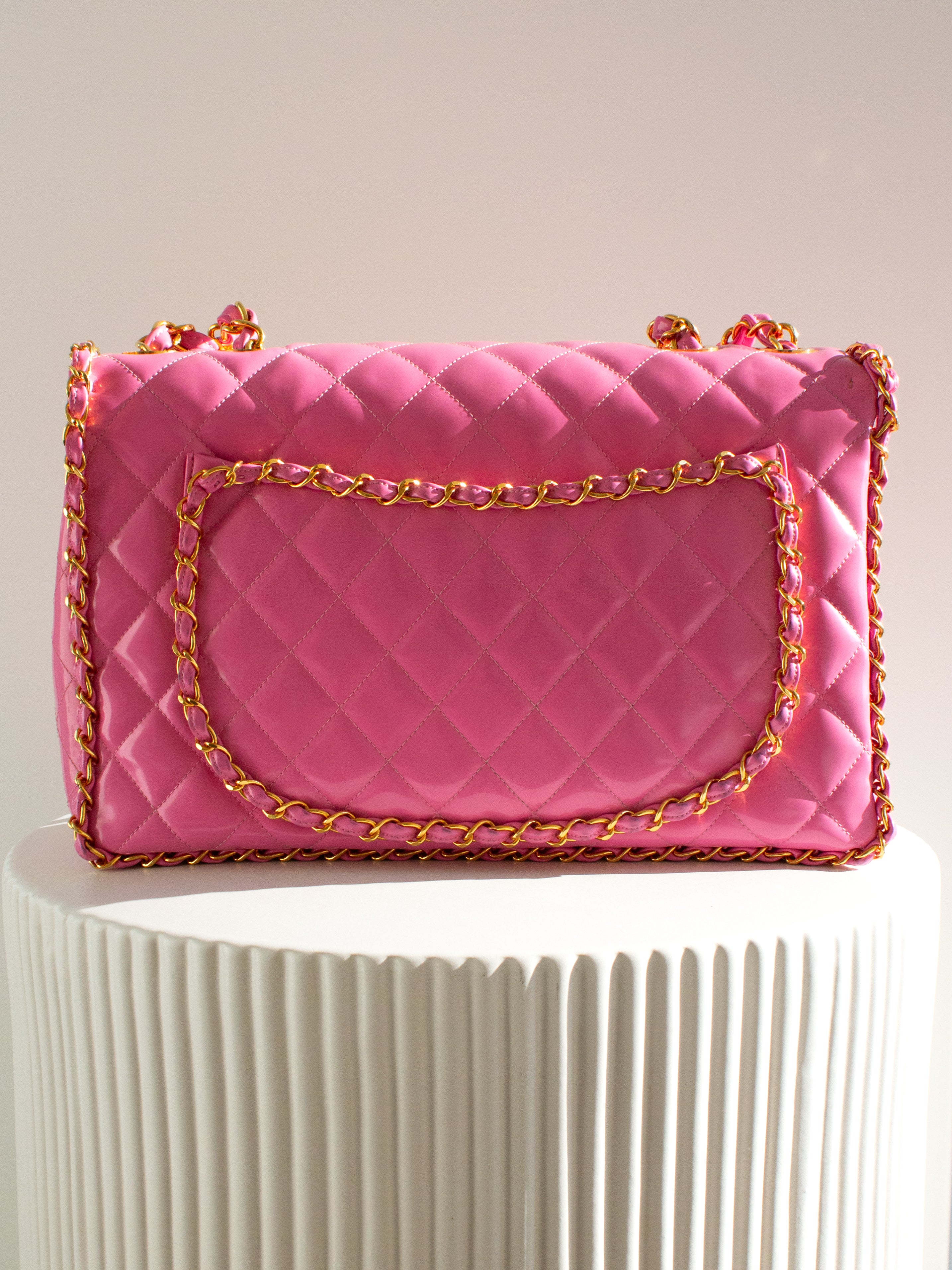 Chanel 1995 Barbie Pink 24K Gold Chain Around Patent Lambskin Jumbo XL 95P Bag