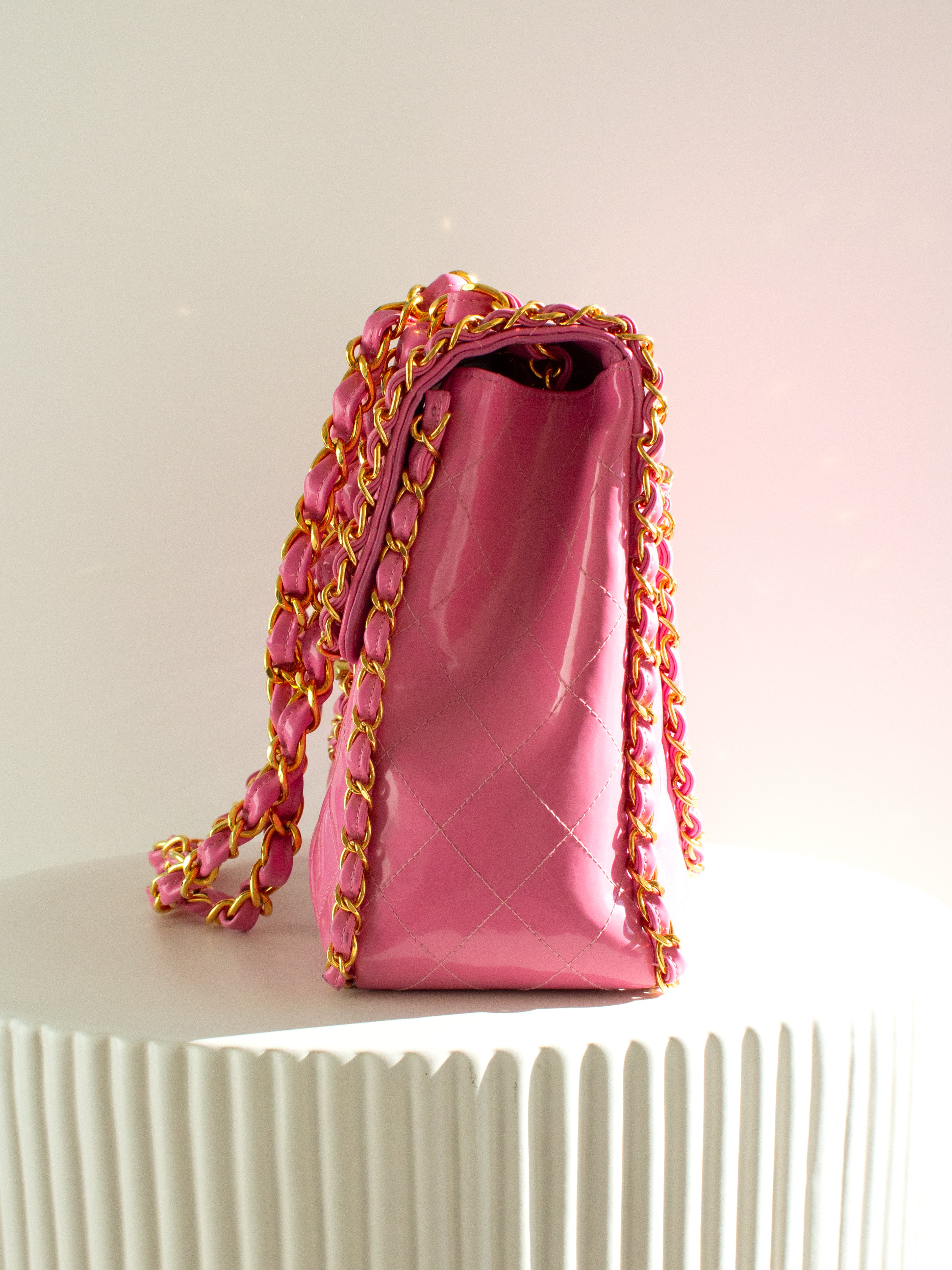 Chanel 1995 Barbie Pink 24K Gold Chain Around Patent Lambskin Jumbo XL 95P Bag