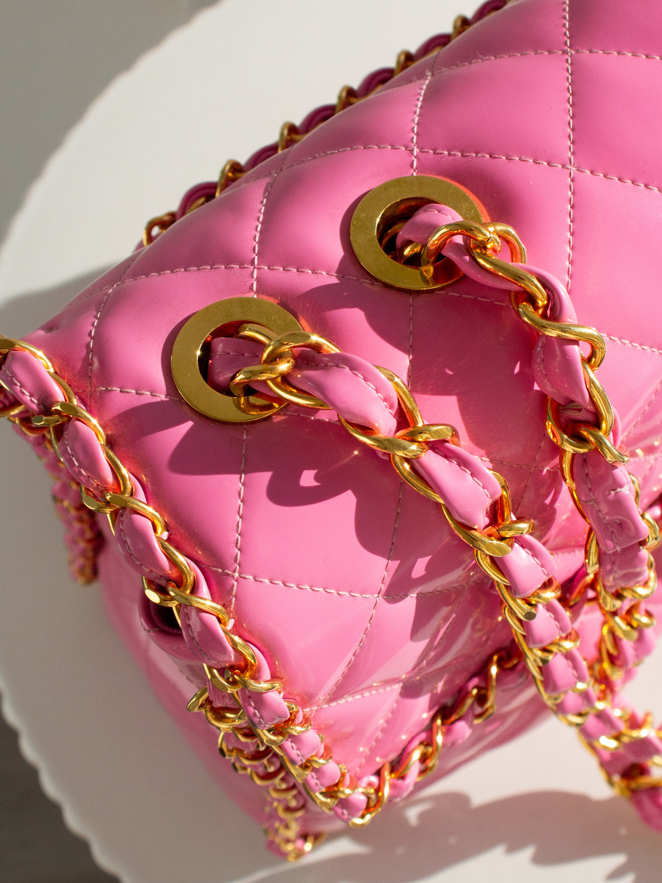 Chanel 1995 Barbie Pink 24K Gold Chain Around Patent Lambskin Jumbo XL 95P Bag