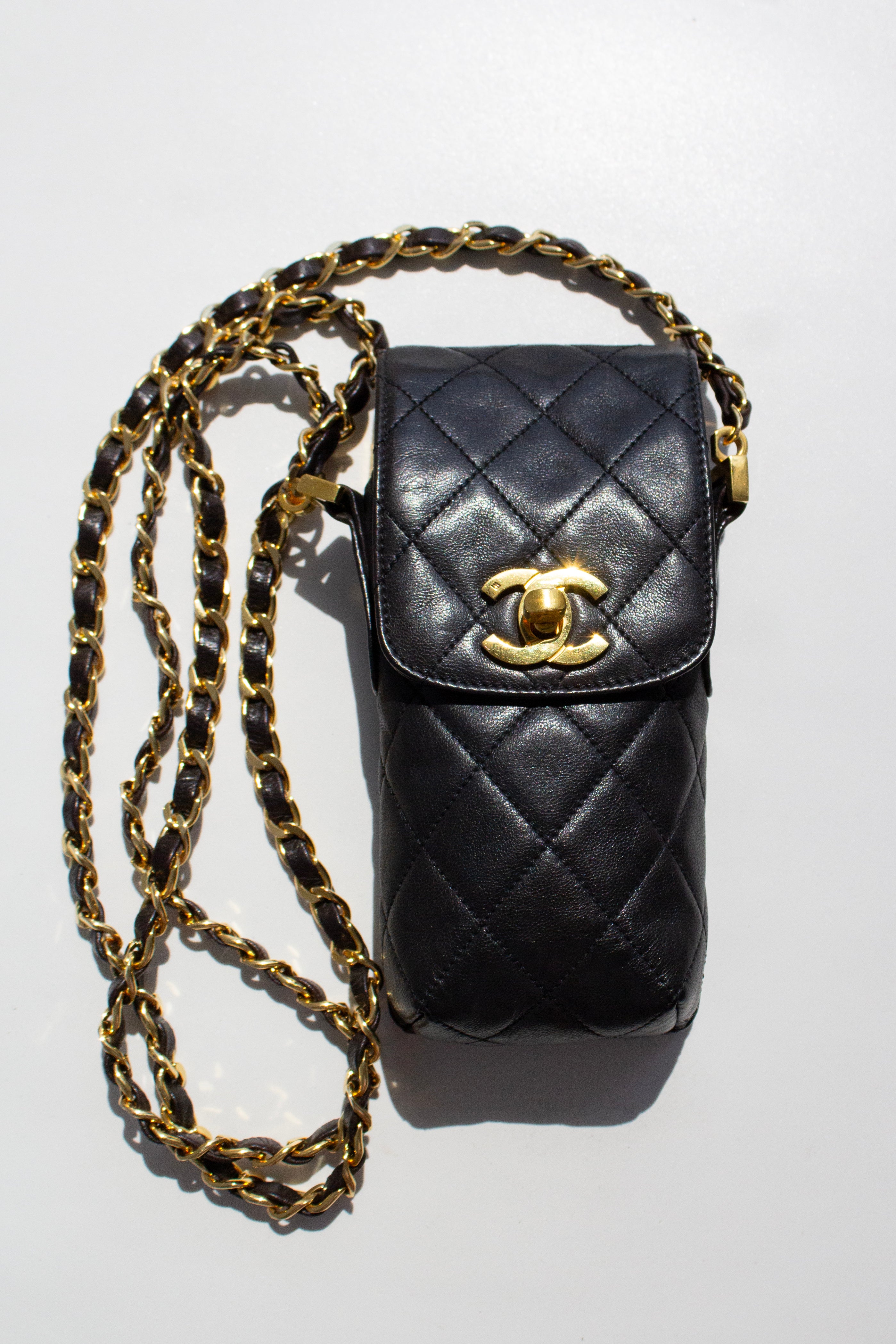 Chanel Vintage 1996 Black Lambskin Leather 24K Gold CC Turnlock 90s Phone Holder