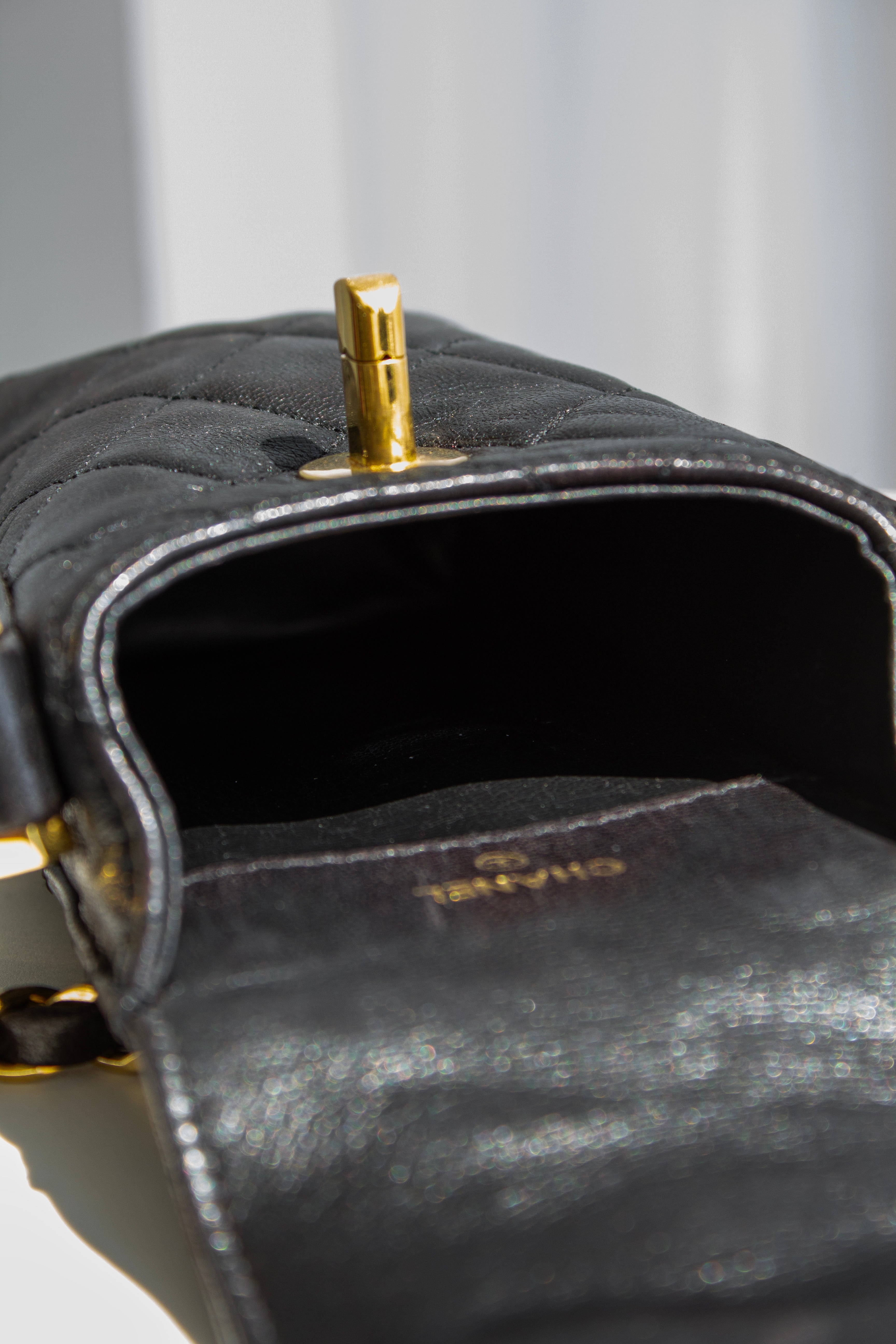 Chanel Vintage 1996 Black Lambskin Leather 24K Gold CC Turnlock 90s Phone Holder