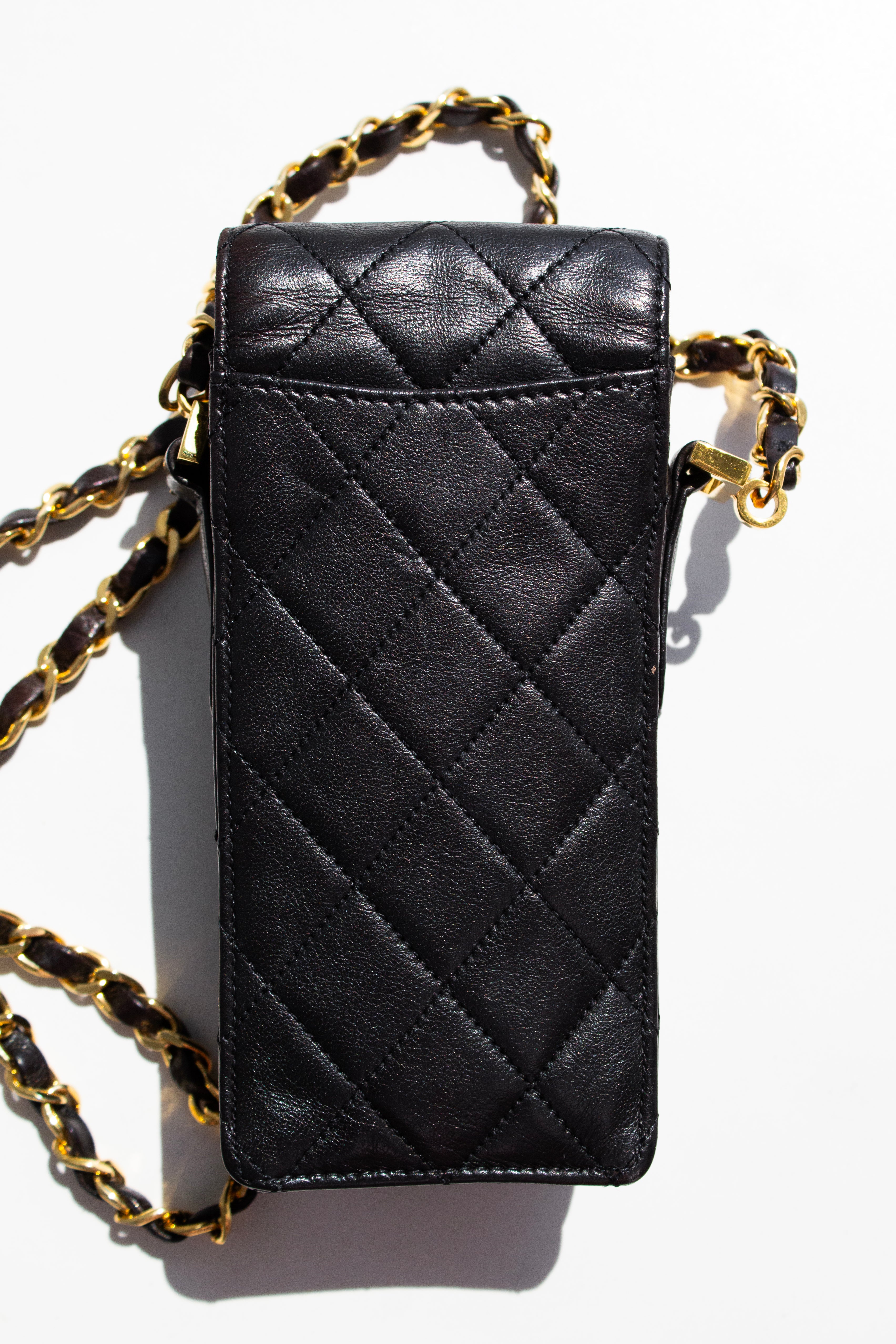 Chanel Vintage 1996 Black Lambskin Leather 24K Gold CC Turnlock 90s Phone Holder