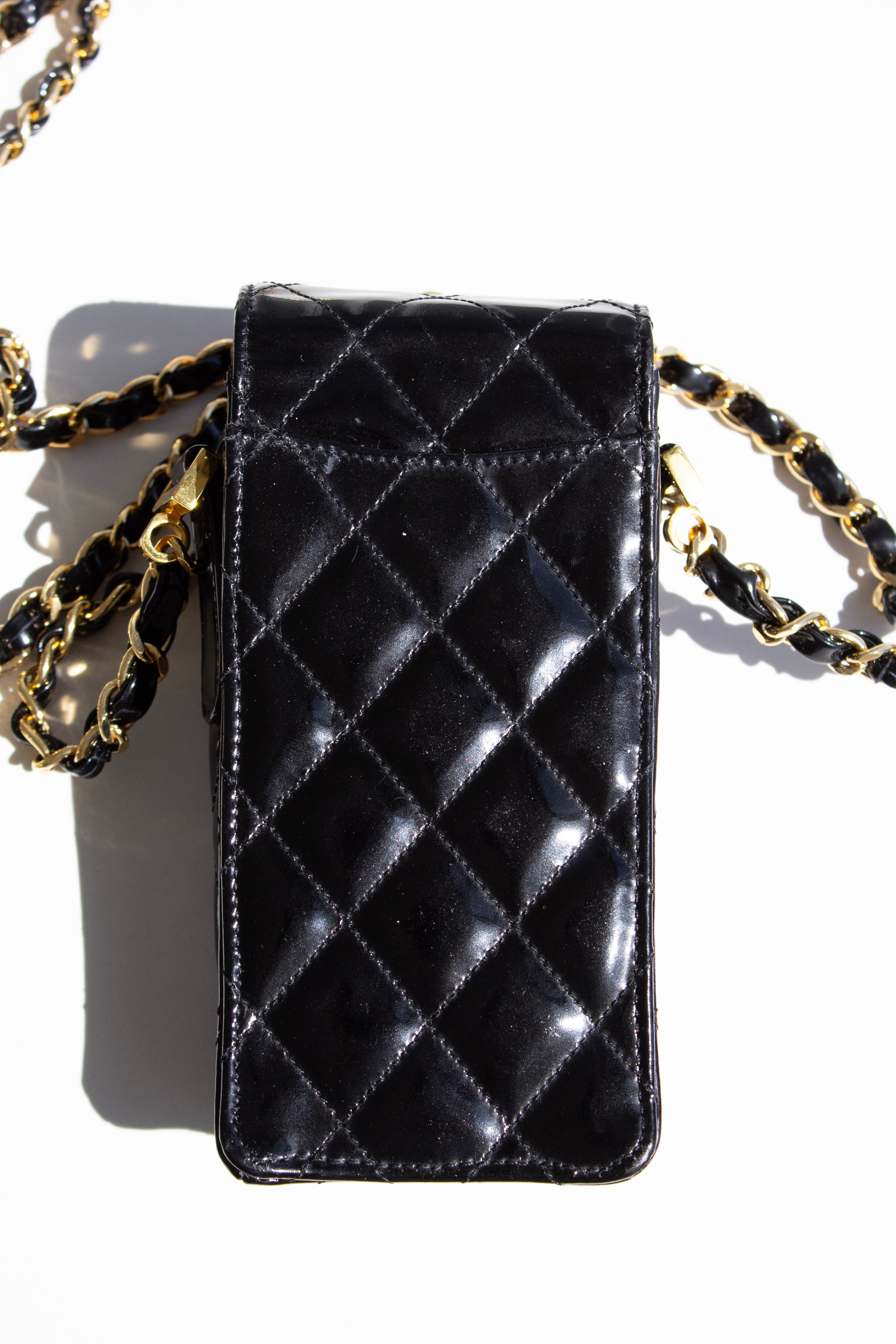 Chanel Vintage 1996 Black Patent Leather Gold CC Turnlock 90s Phone Holder
