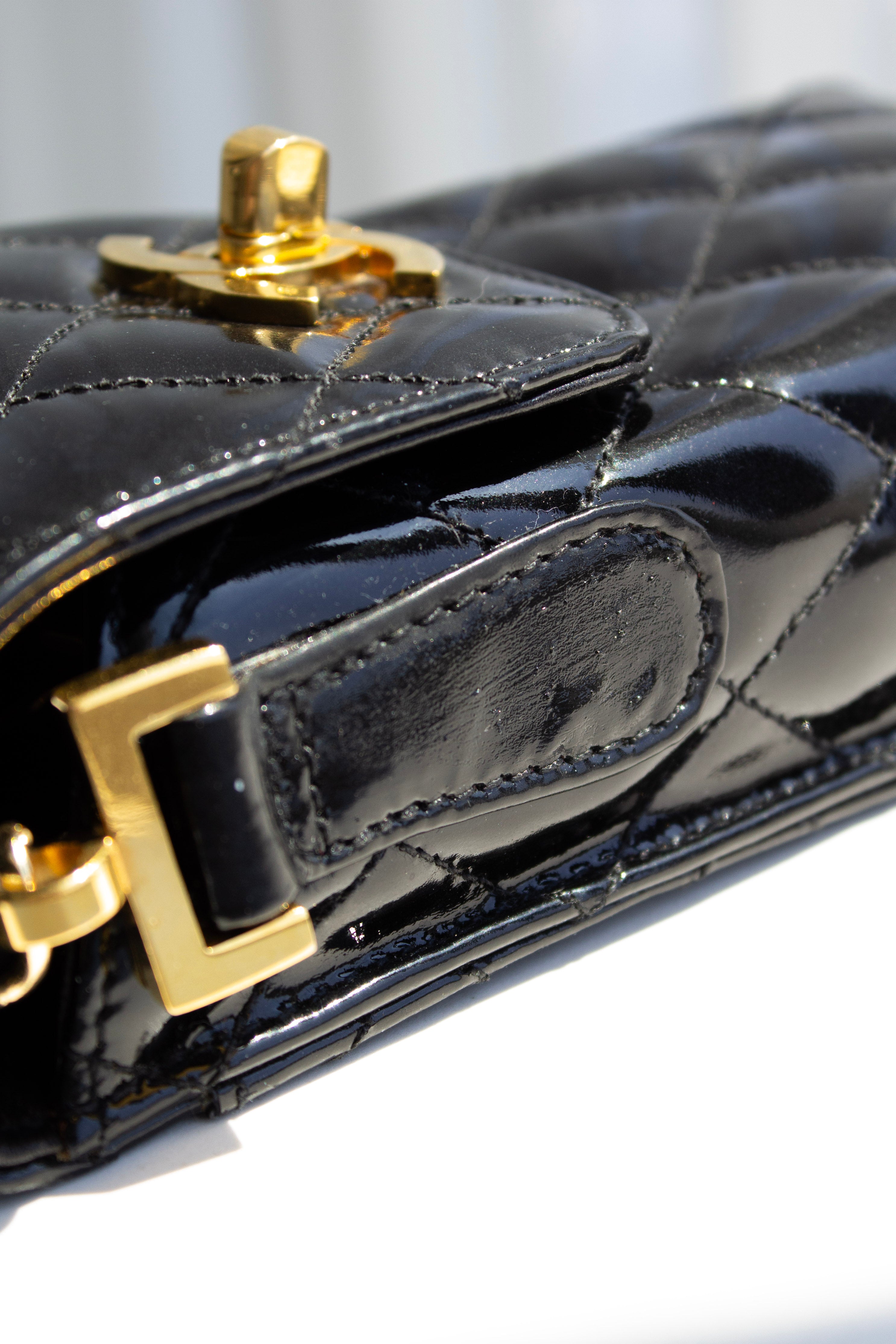 Chanel Vintage 1996 Black Patent Leather Gold CC Turnlock 90s Phone Holder