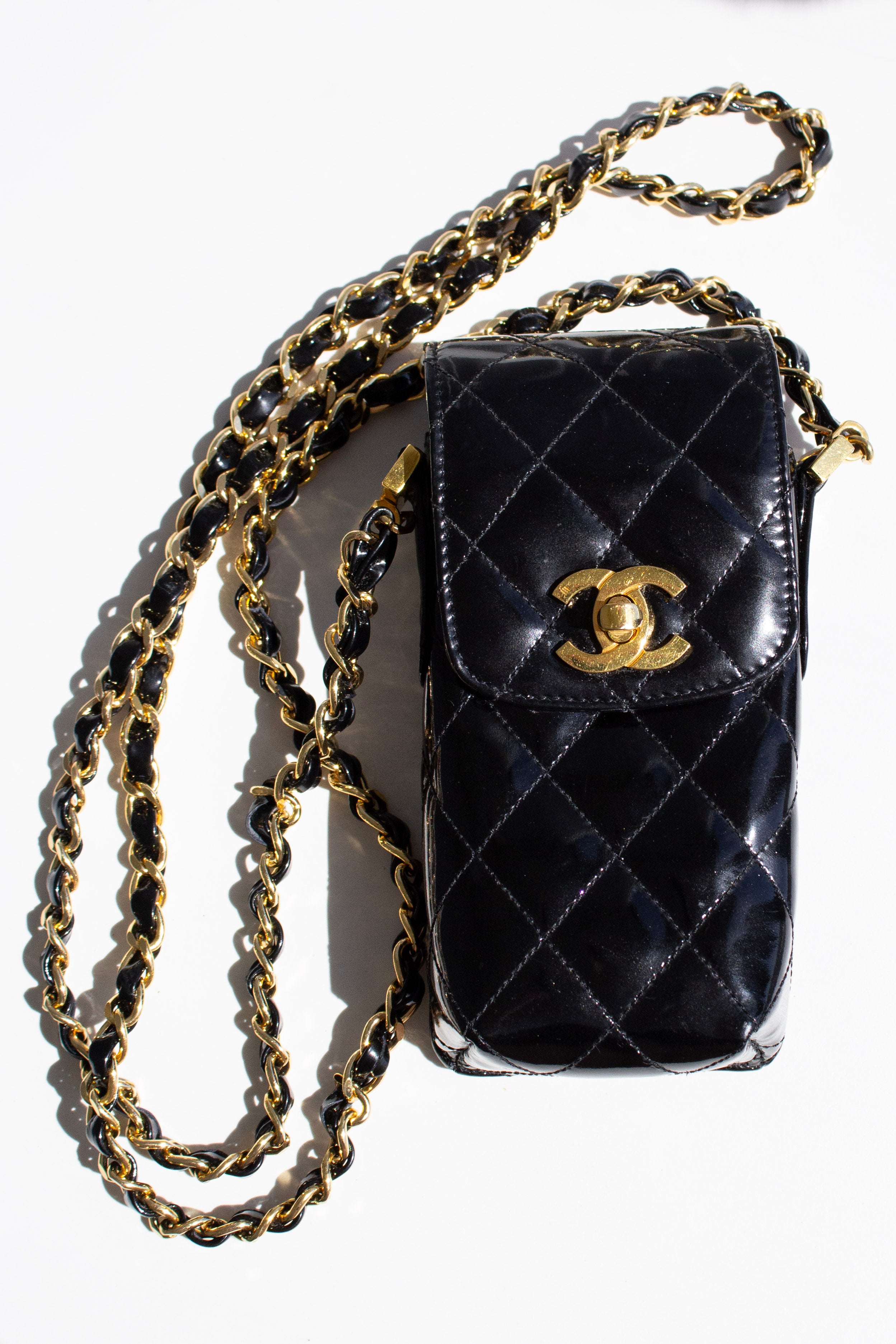 Chanel Vintage 1996 Black Patent Leather Gold CC Turnlock 90s Phone Holder