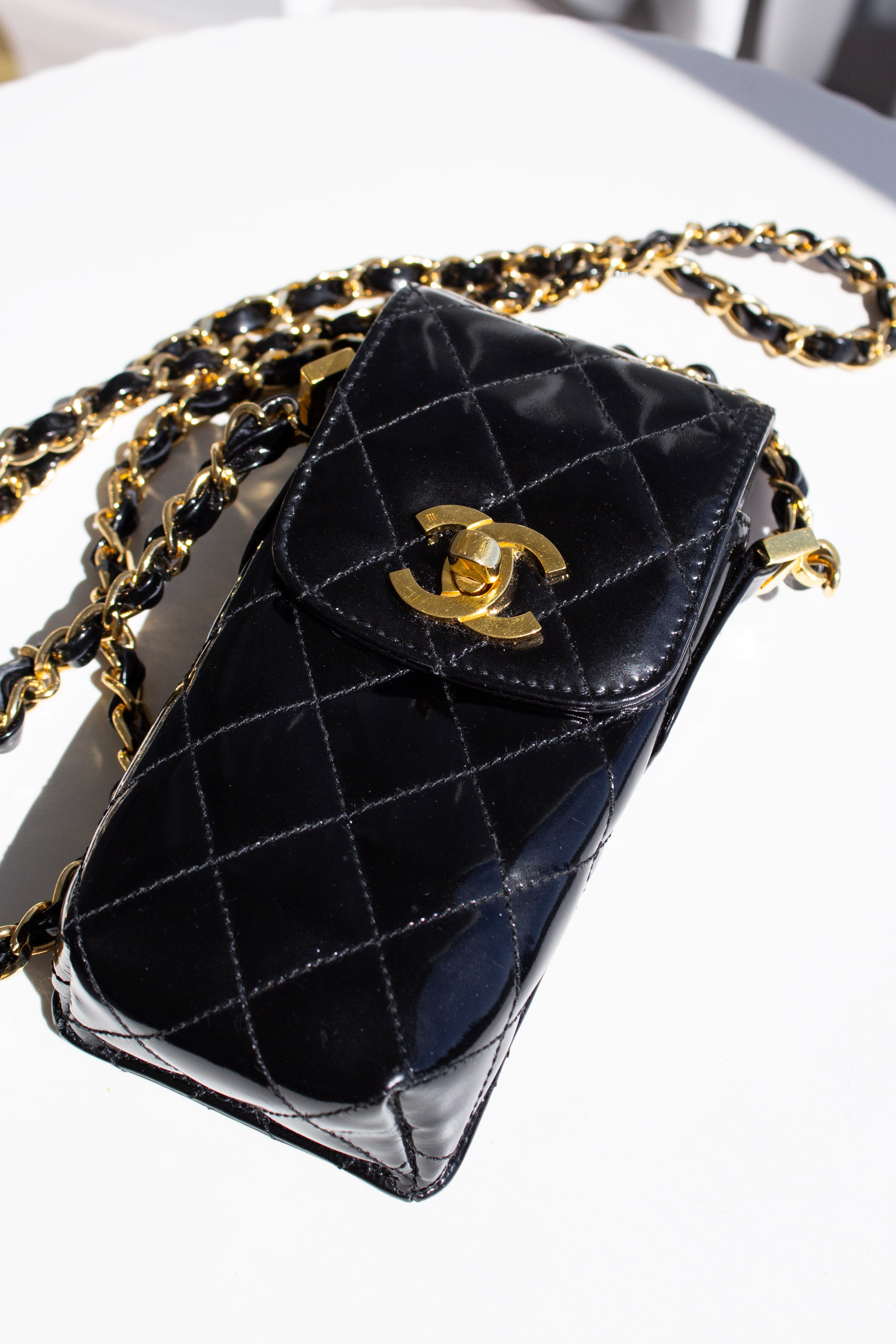 Chanel Vintage 1996 Black Patent Leather Gold CC Turnlock 90s Phone Holder
