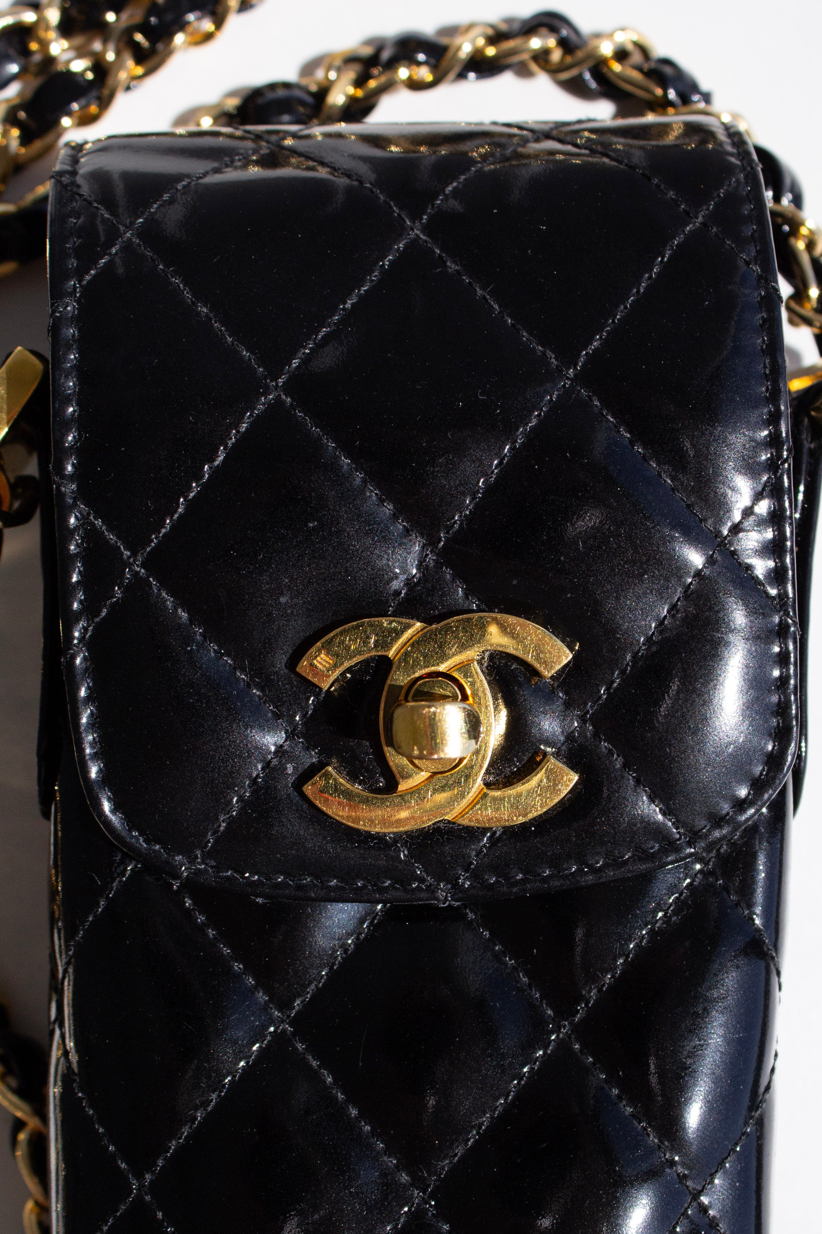 Chanel Vintage 1996 Black Patent Leather Gold CC Turnlock 90s Phone Holder