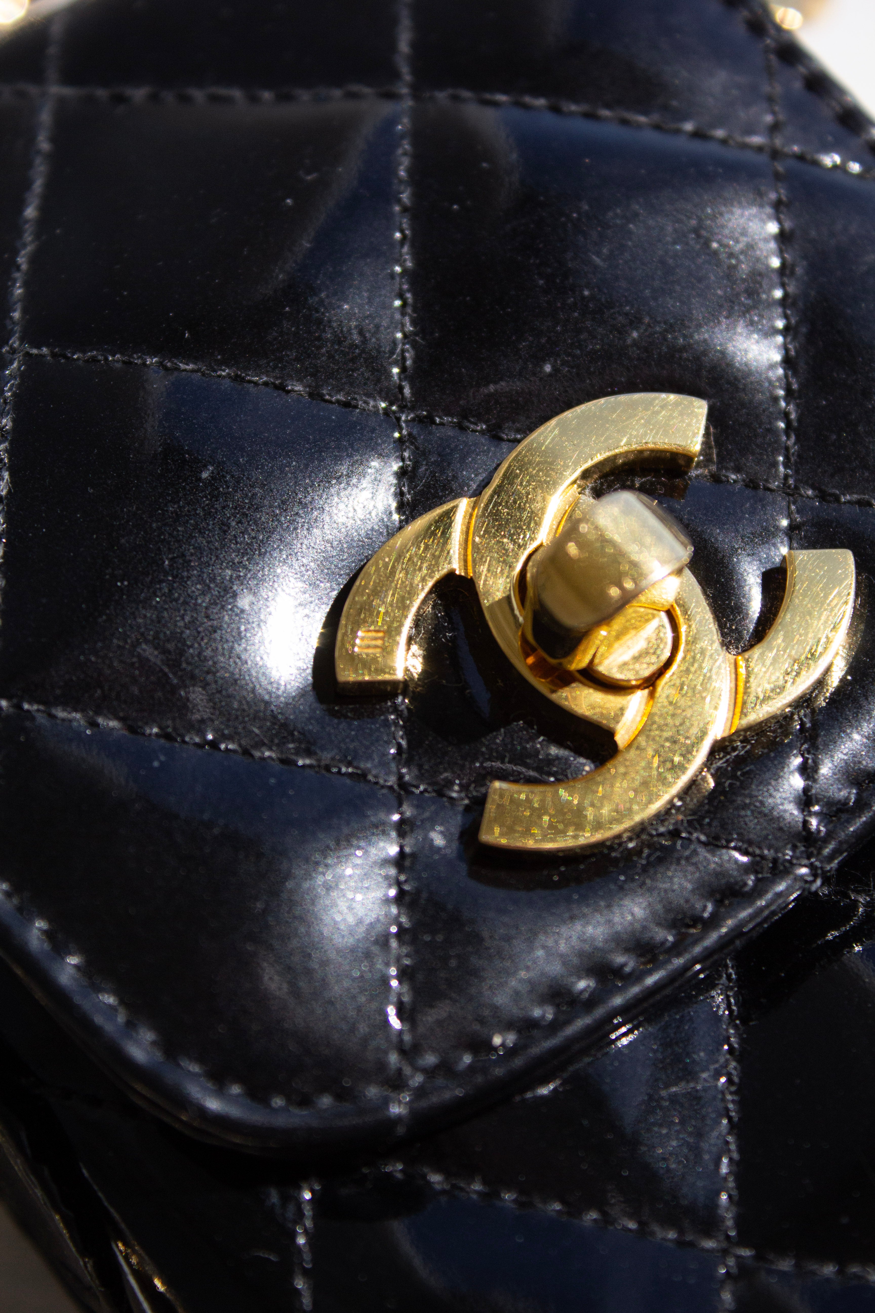 Chanel Vintage 1996 Black Patent Leather Gold CC Turnlock 90s Phone Holder
