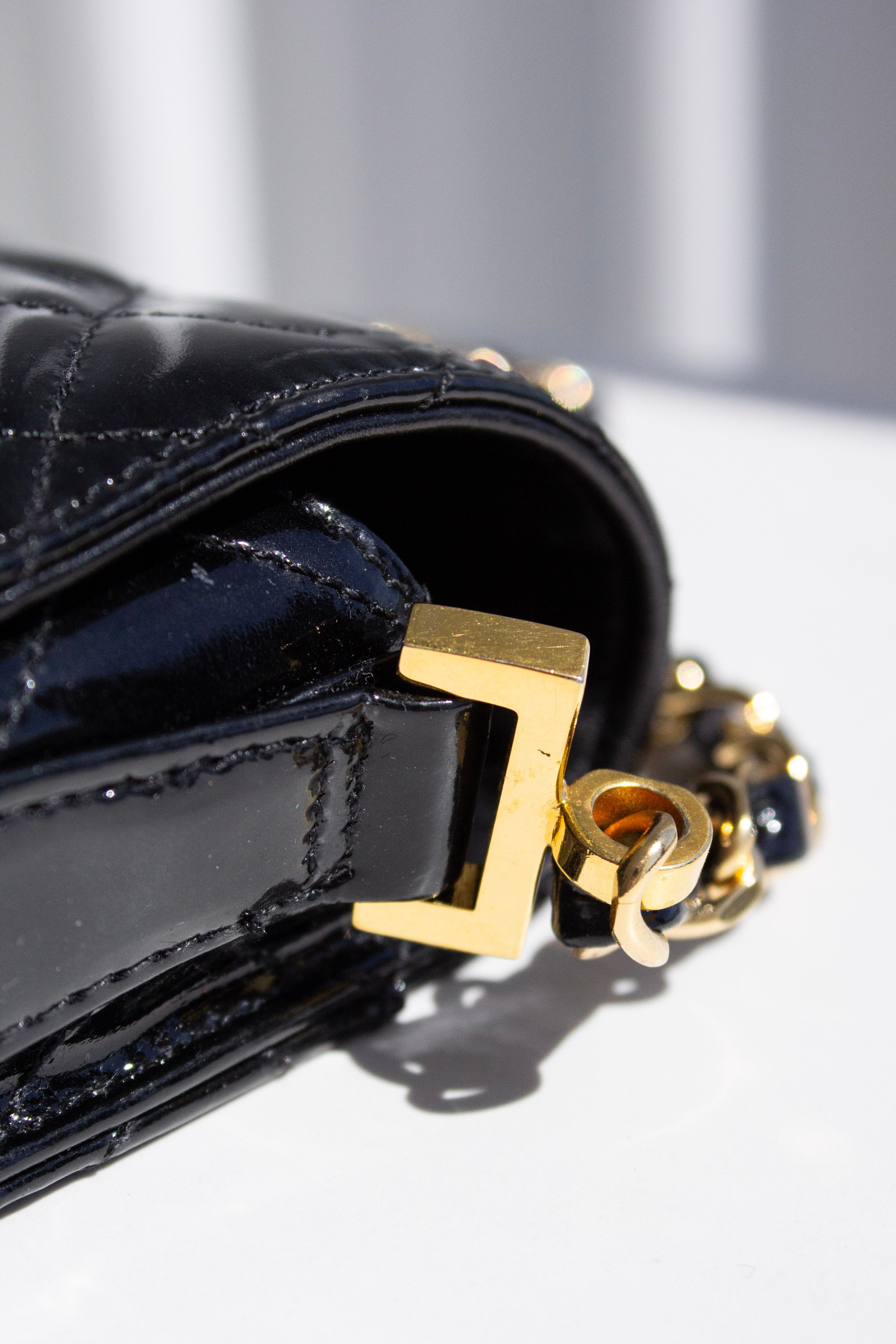 Chanel Vintage 1996 Black Patent Leather Gold CC Turnlock 90s Phone Holder