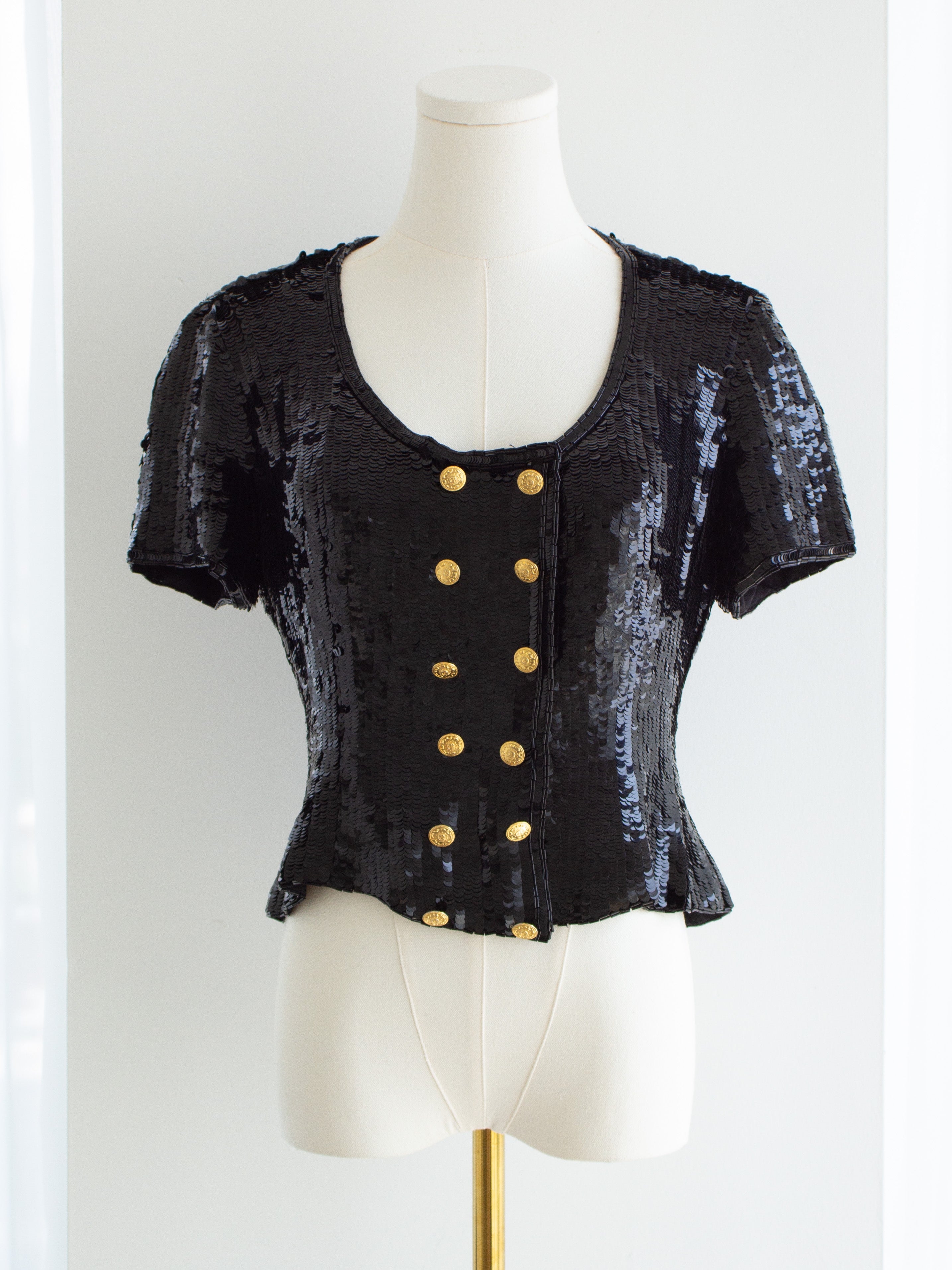 Chanel F/W 1989 Black Sequin Gold Buttons Evening Top