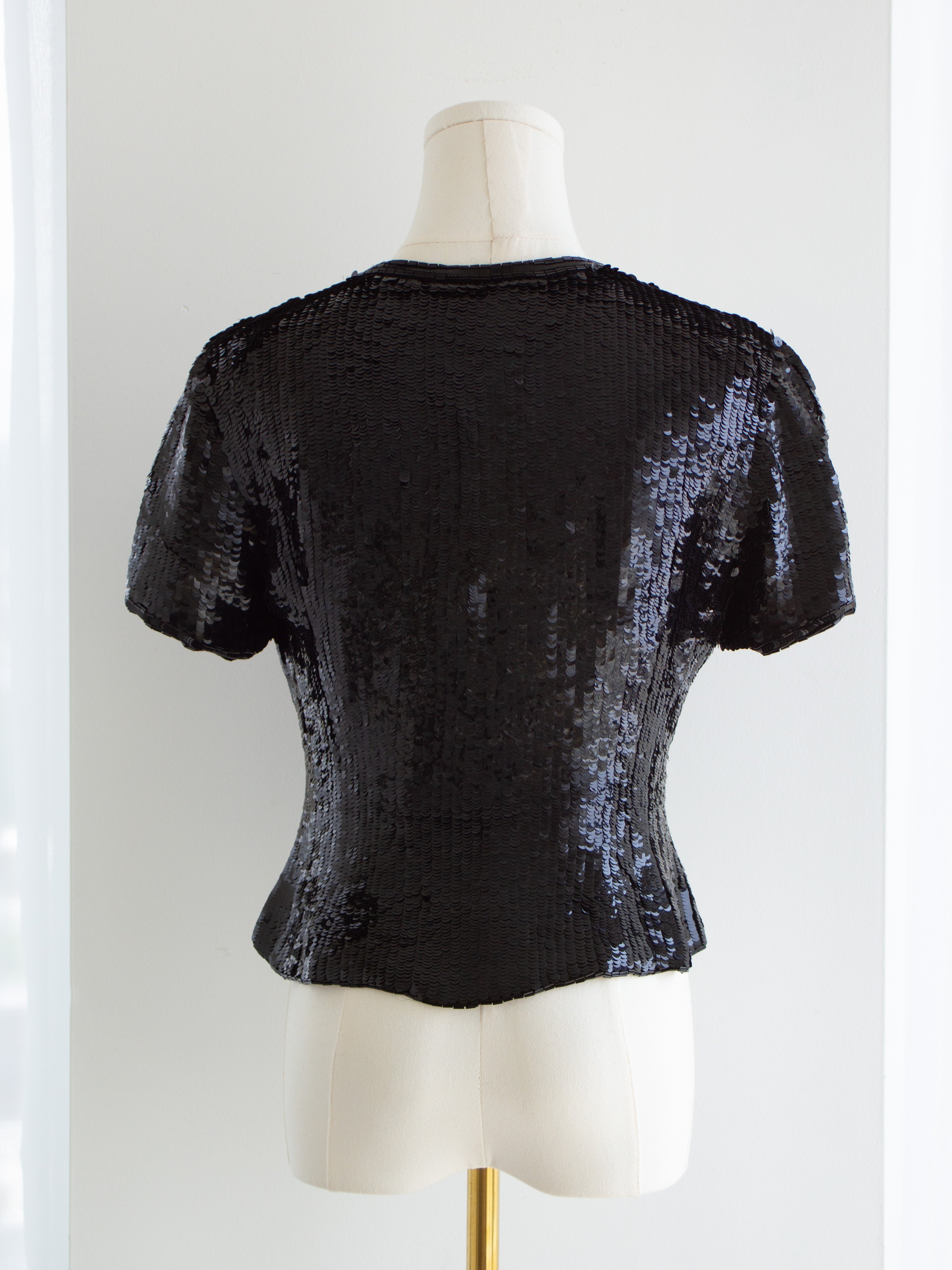 Chanel F/W 1989 Black Sequin Gold Buttons Evening Top