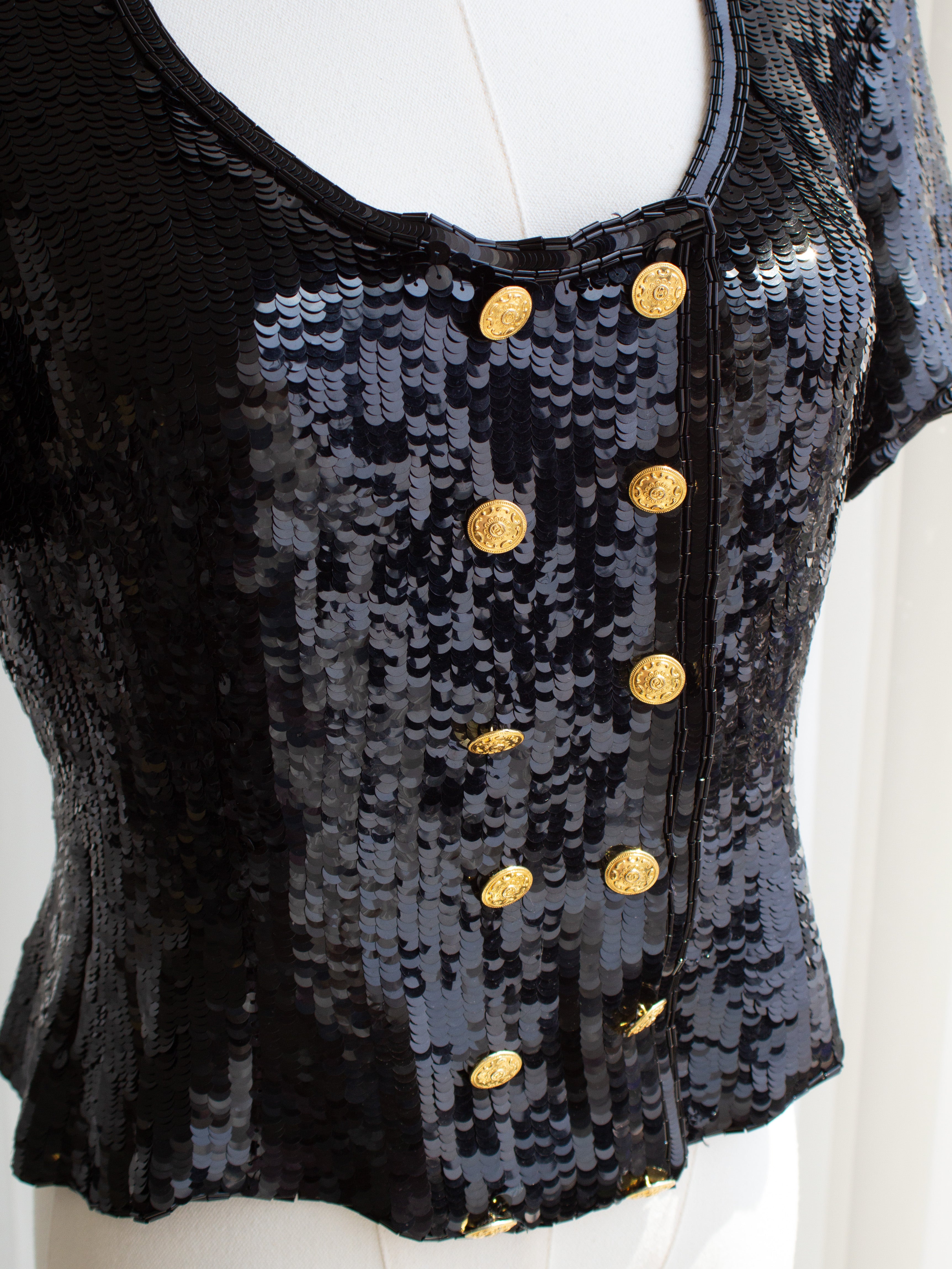 Chanel F/W 1989 Black Sequin Gold Buttons Evening Top