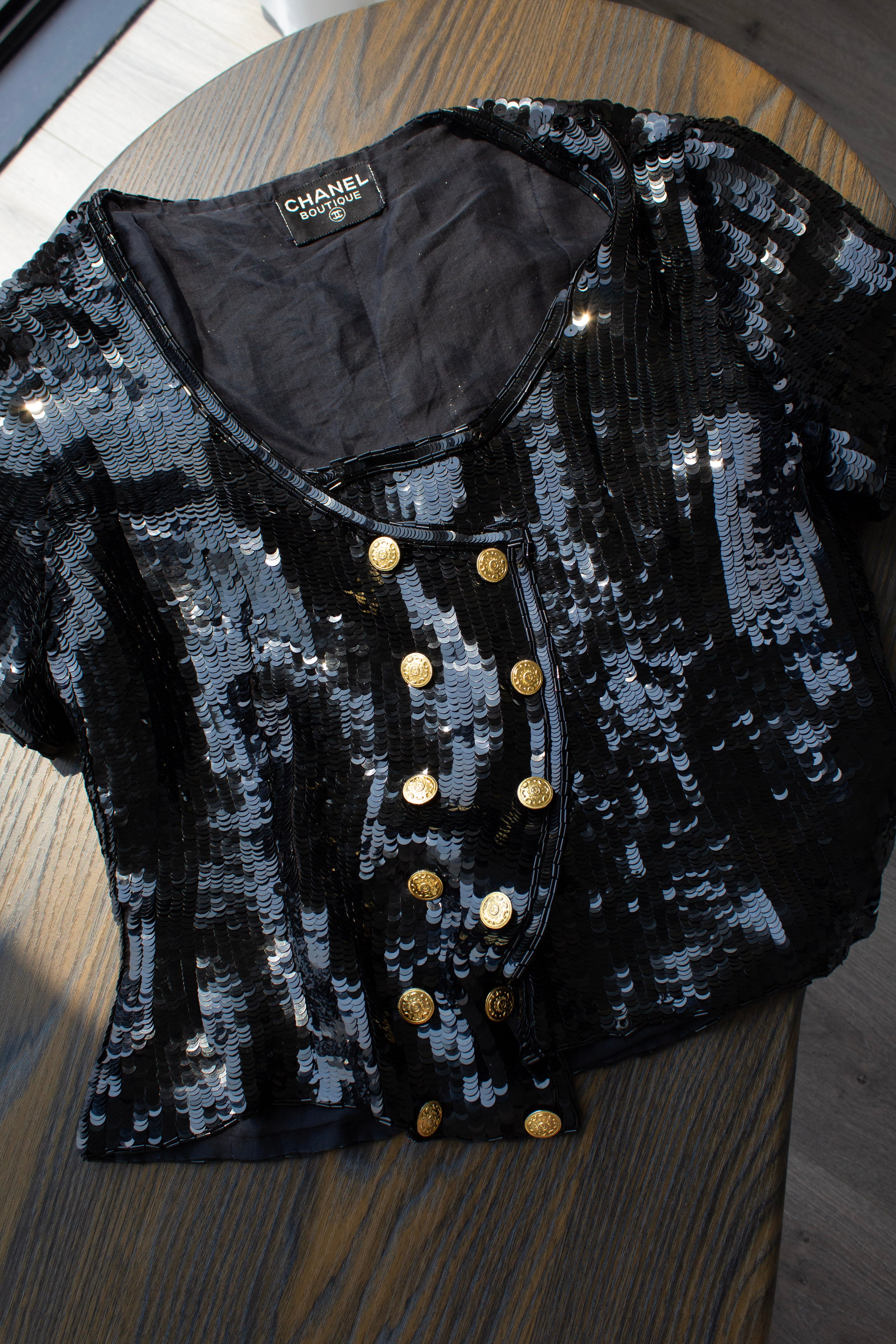 Chanel F/W 1989 Black Sequin Gold Buttons Evening Top