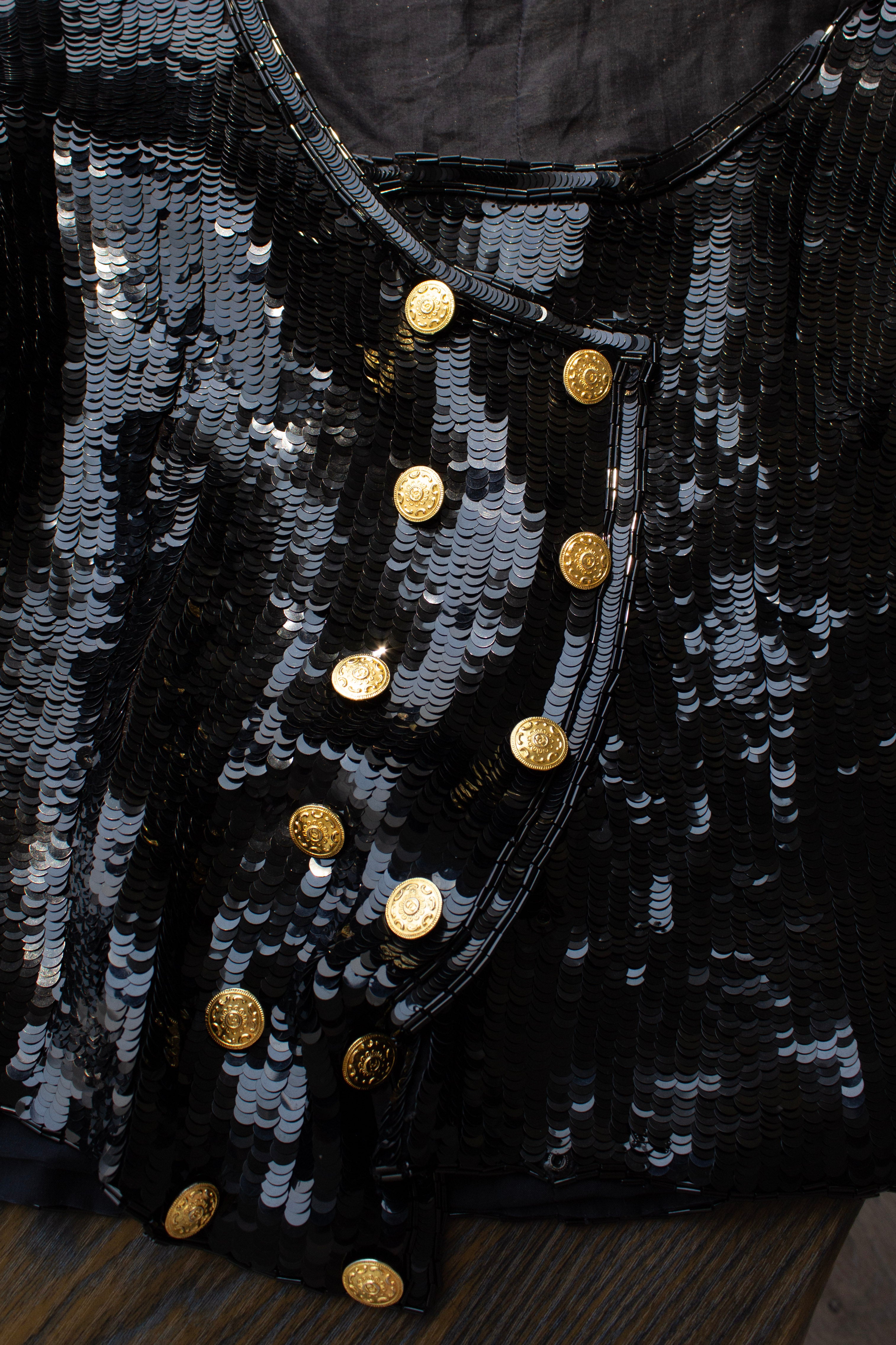 Chanel F/W 1989 Black Sequin Gold Buttons Evening Top