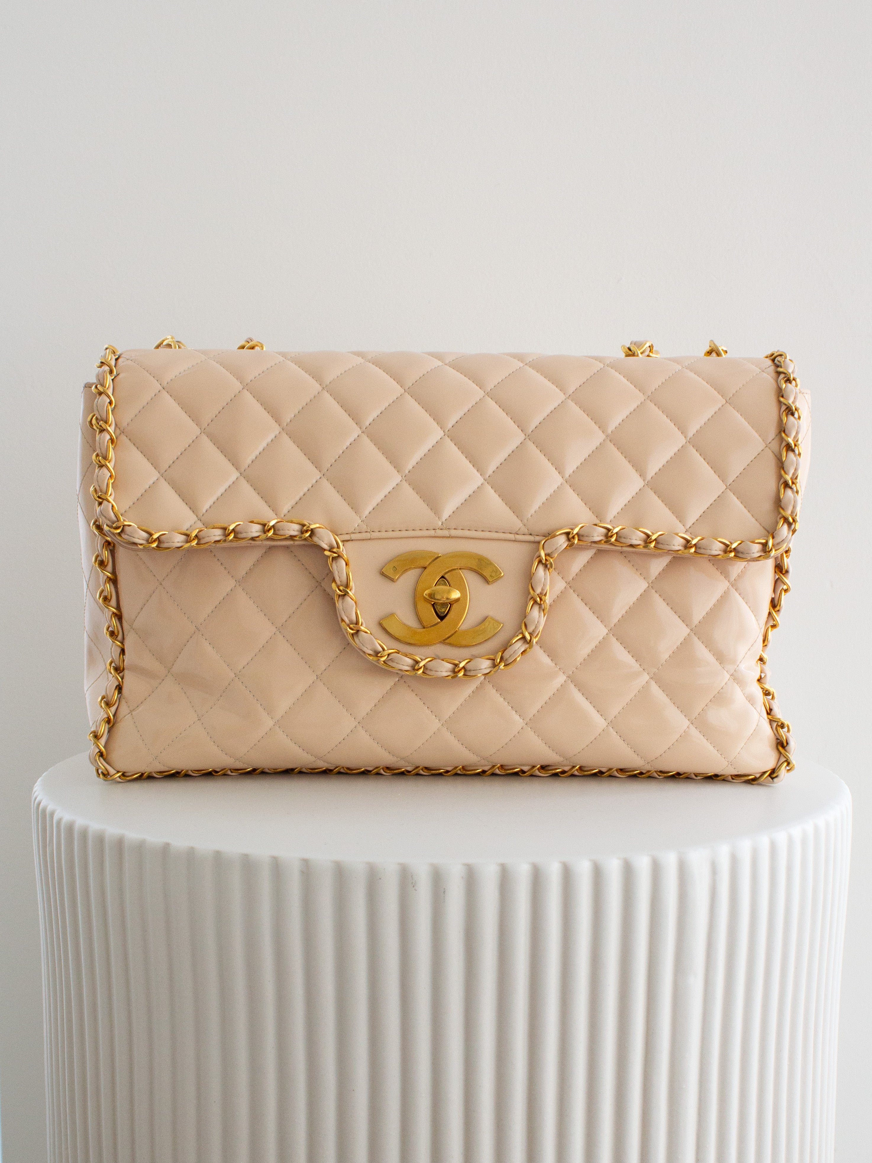 Chanel 1995 Barbie Beige 24K Gold Chain Around Patent Lambskin Jumbo XL 95P Bag
