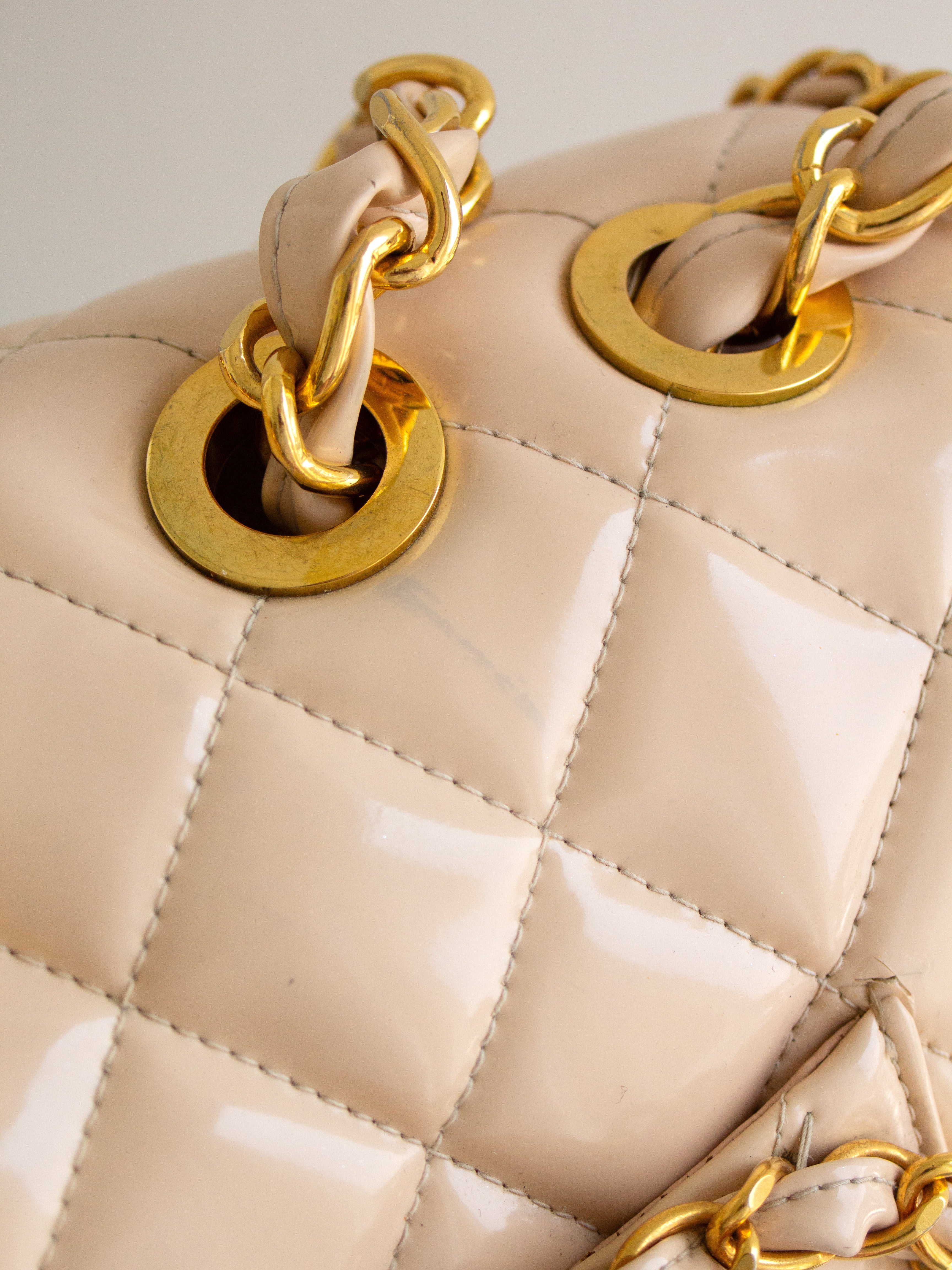 Chanel 1995 Barbie Beige 24K Gold Chain Around Patent Lambskin Jumbo XL 95P Bag