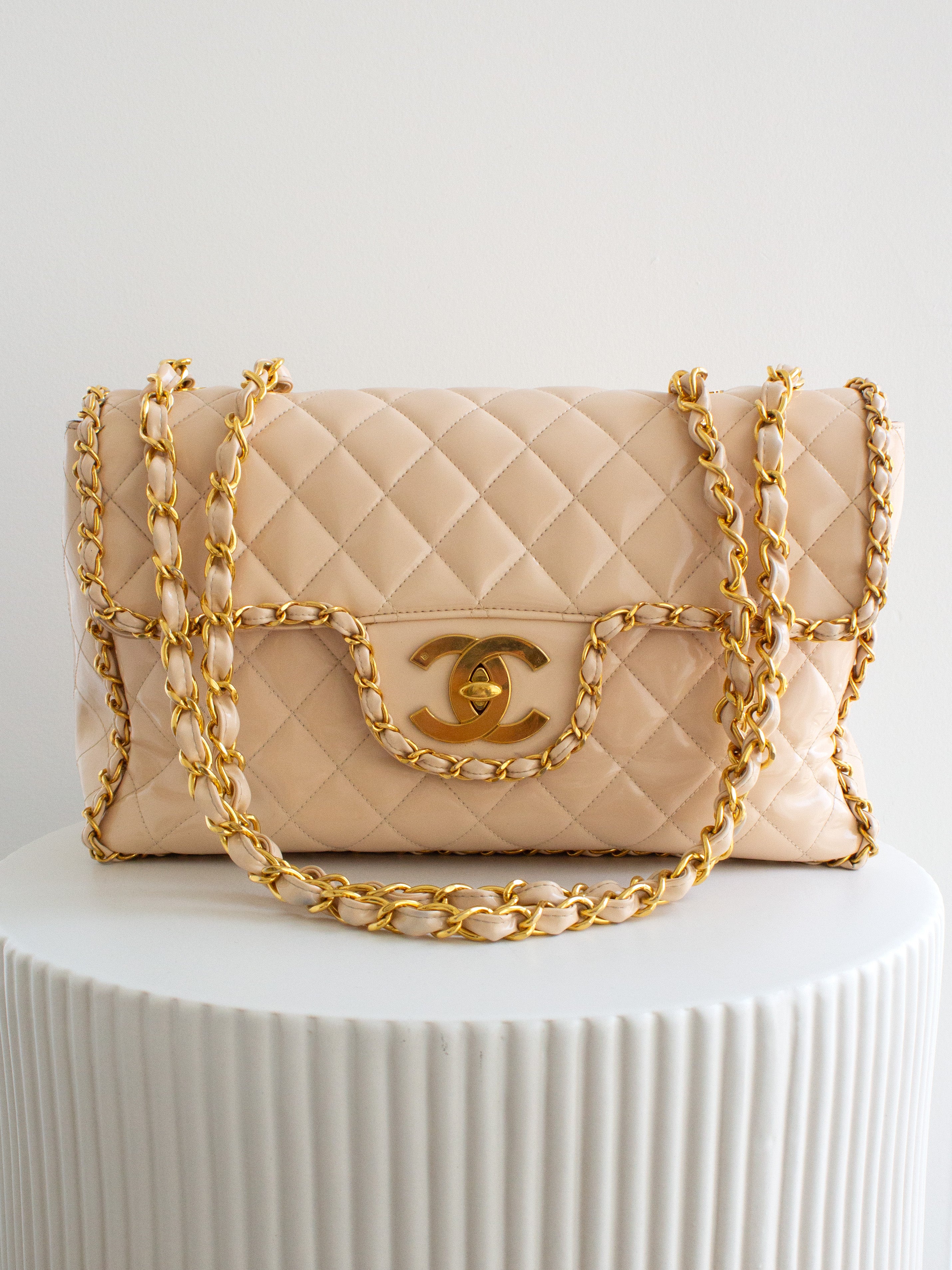 Chanel 1995 Barbie Beige 24K Gold Chain Around Patent Lambskin Jumbo XL 95P Bag
