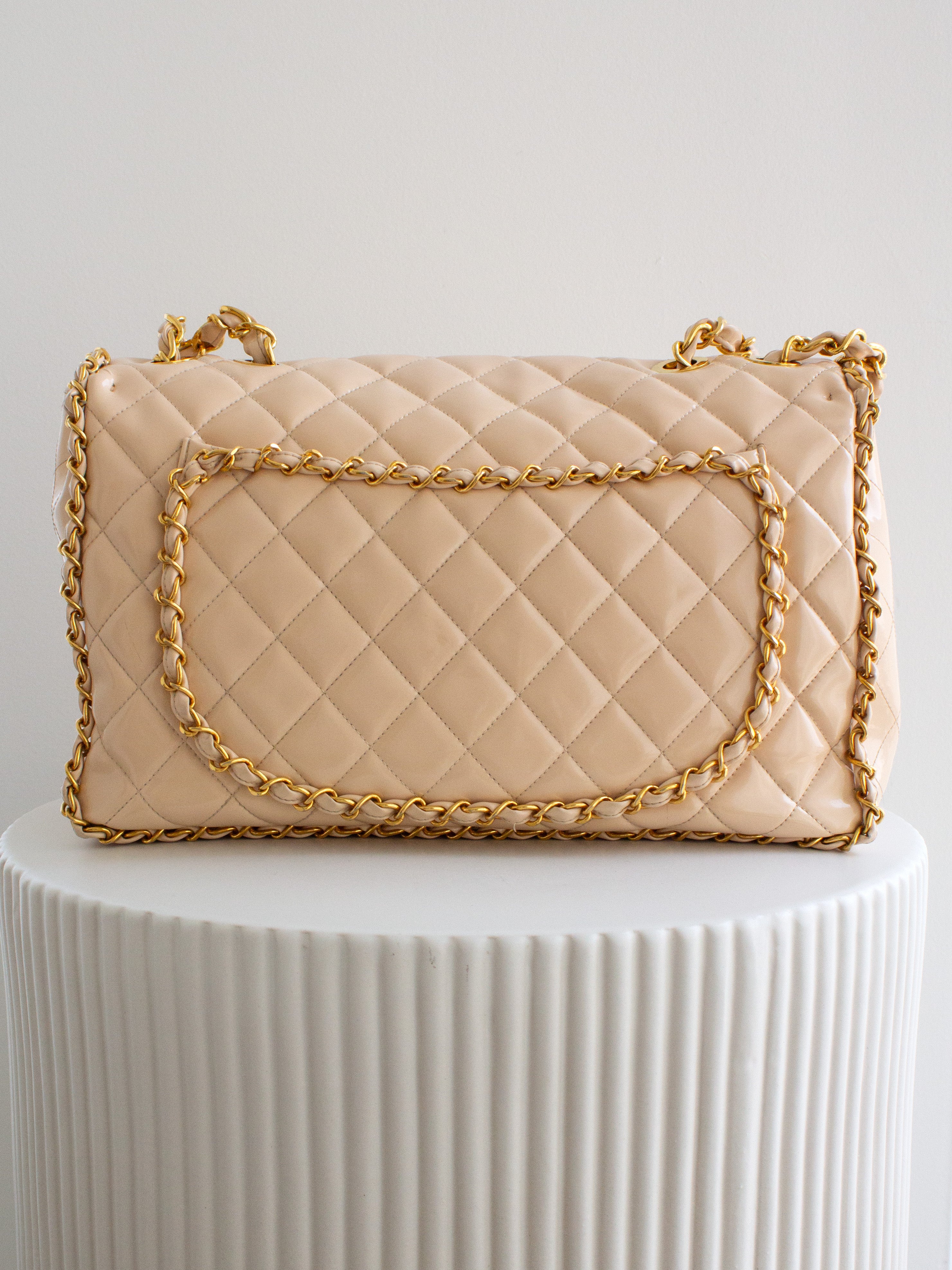 Chanel 1995 Barbie Beige 24K Gold Chain Around Patent Lambskin Jumbo XL 95P Bag