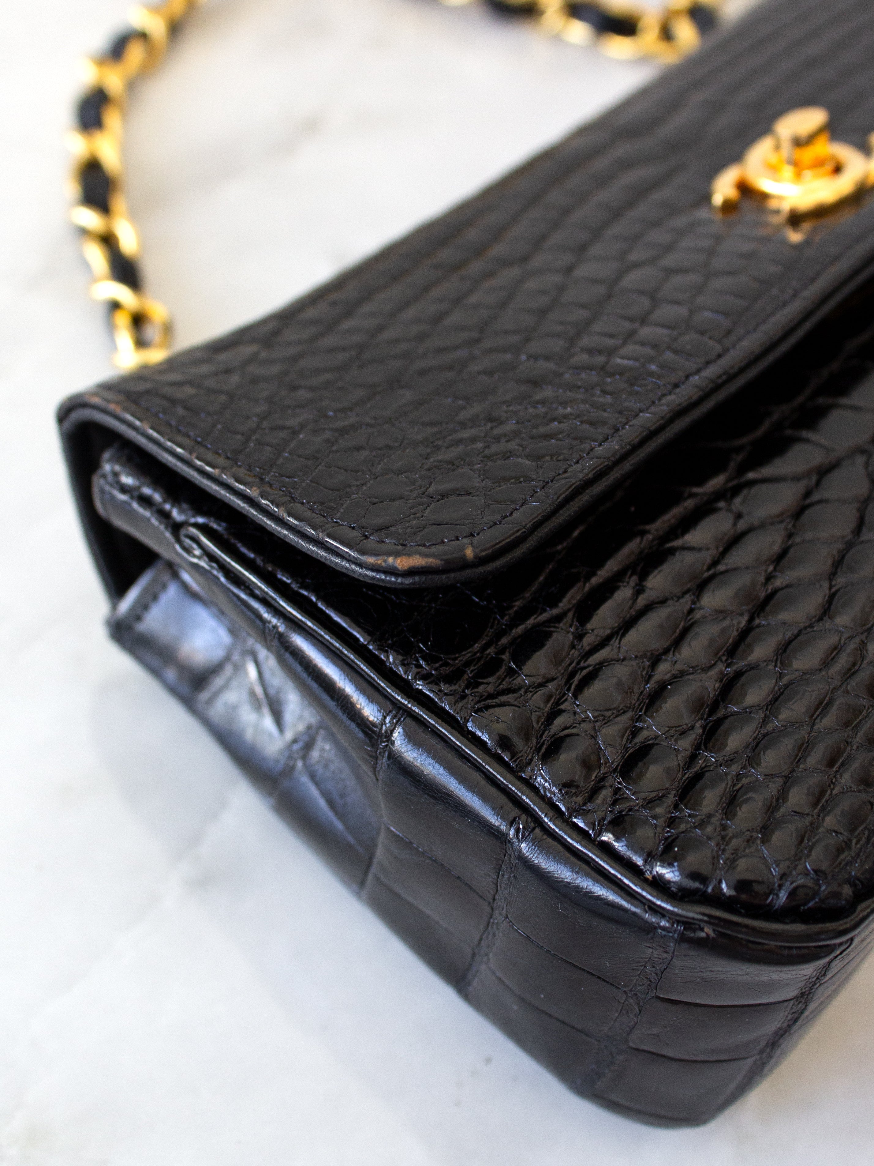 Chanel Vintage 1989 Classic Mini Flap Black Alligator 24K Gold Plated Bag