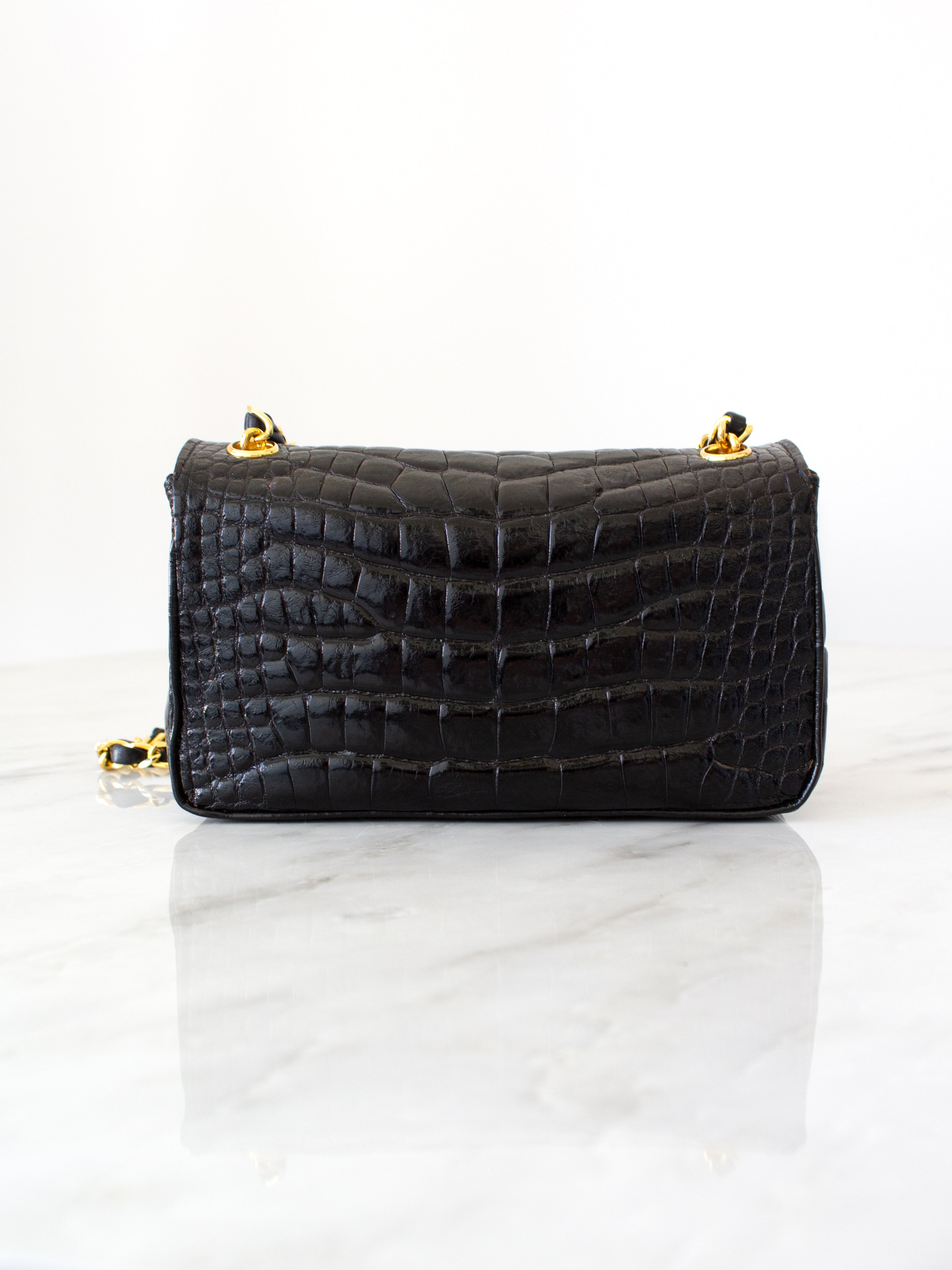 Chanel Vintage 1989 Classic Mini Flap Black Alligator 24K Gold Plated Bag