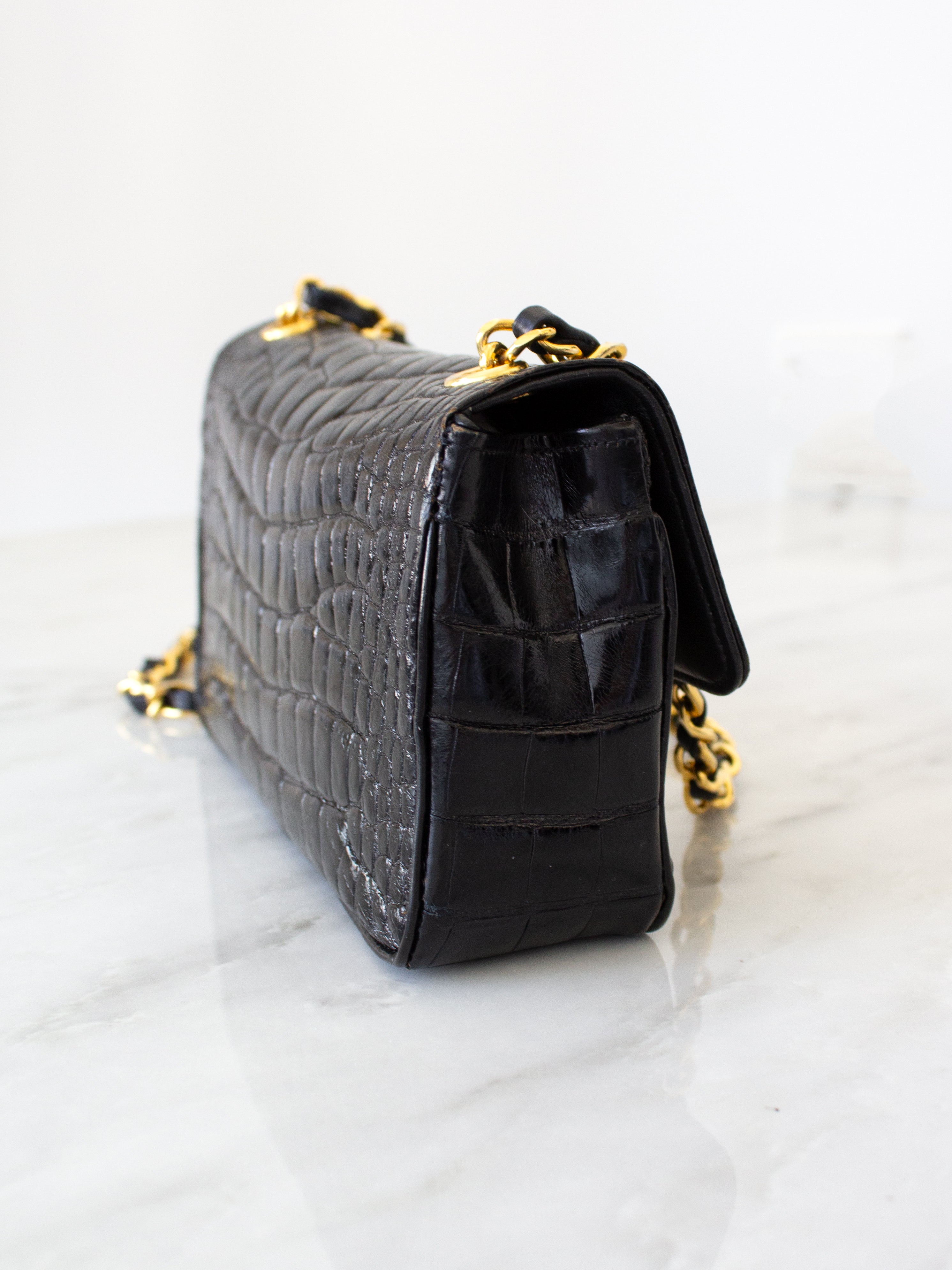 Chanel Vintage 1989 Classic Mini Flap Black Alligator 24K Gold Plated Bag