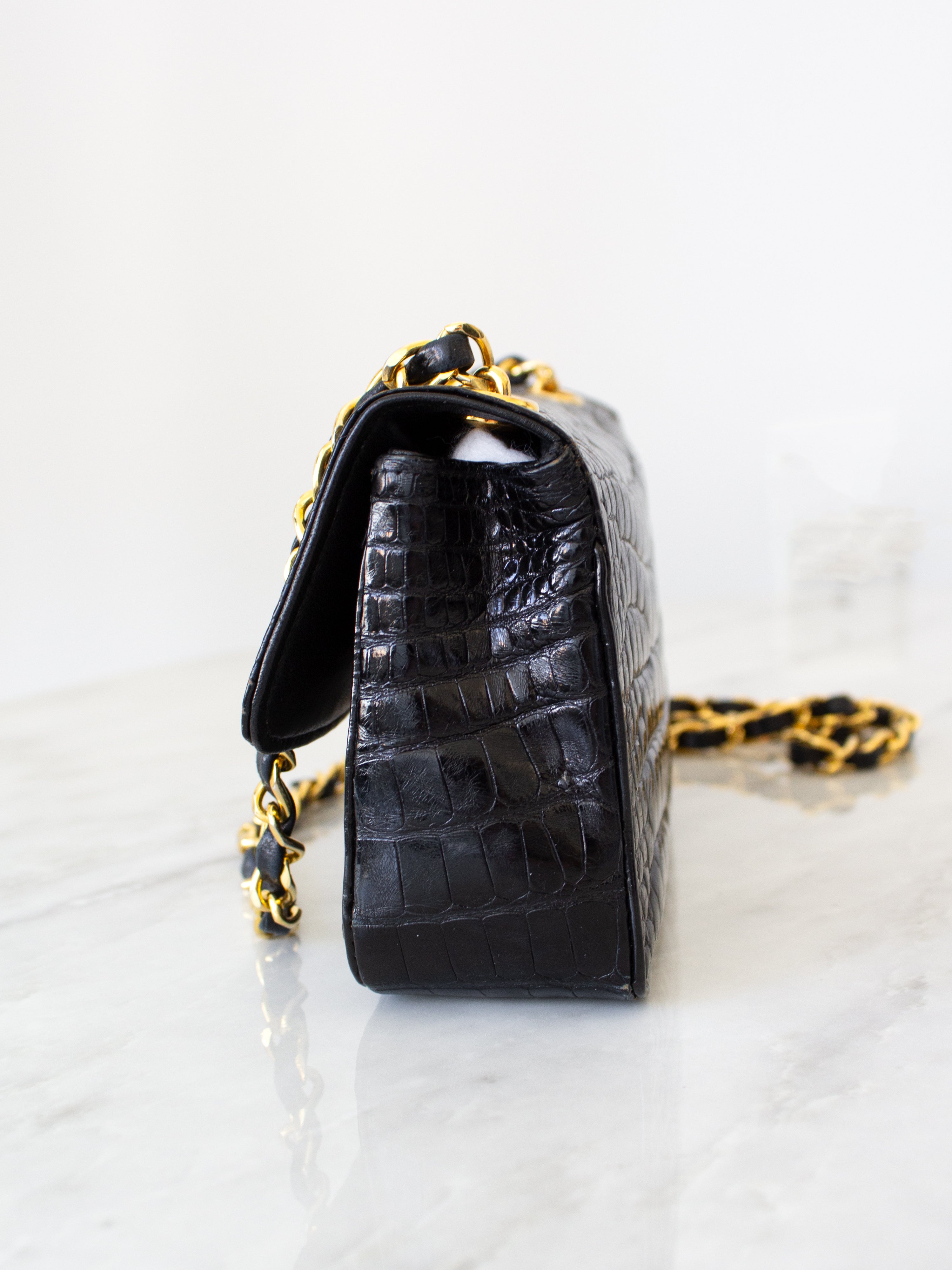 Chanel Vintage 1989 Classic Mini Flap Black Alligator 24K Gold Plated Bag