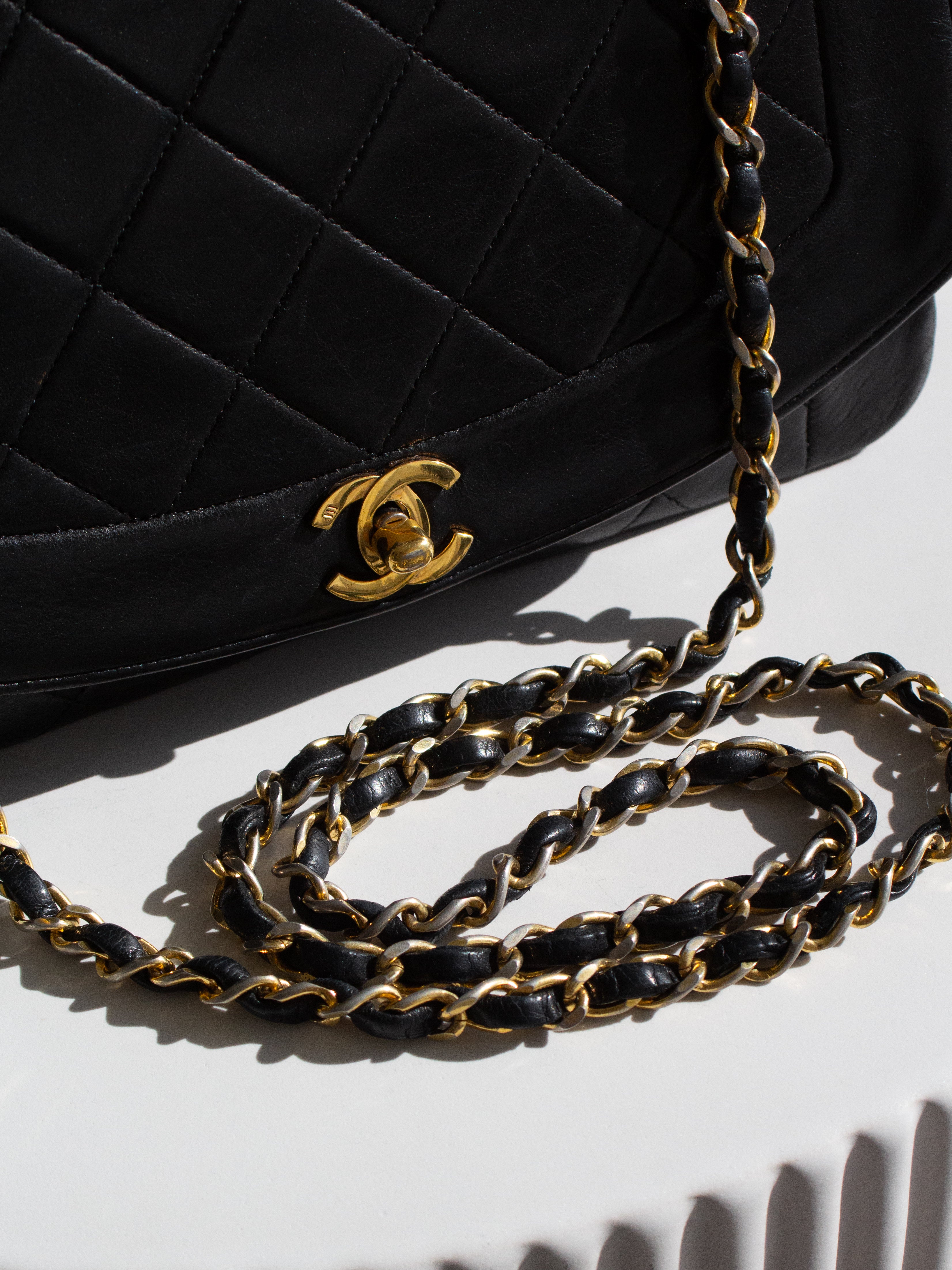 Chanel Vintage Diana Medium Black Lambskin 24K Gold Flap Bag