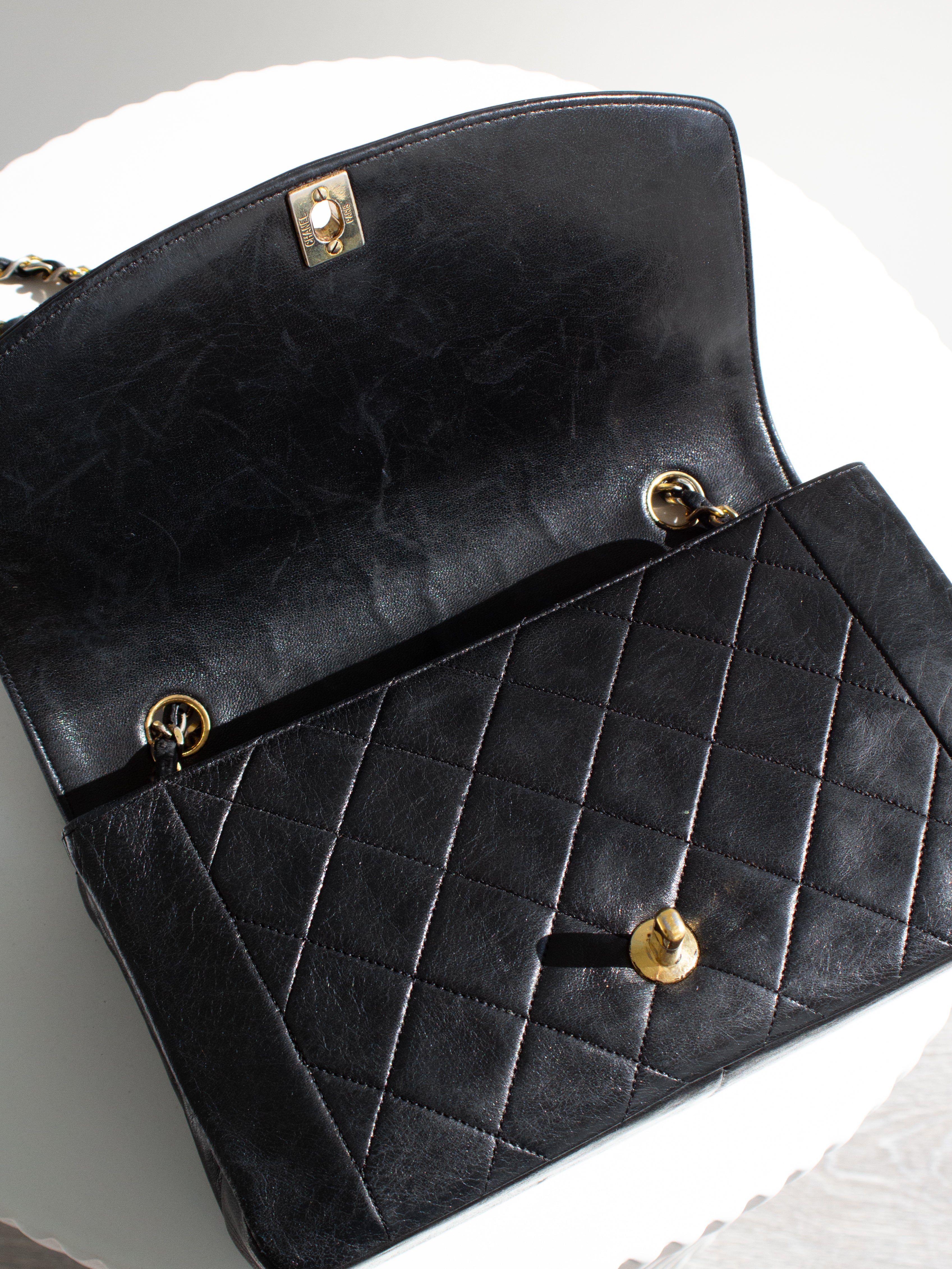 Chanel Vintage Diana Medium Black Lambskin 24K Gold Flap Bag