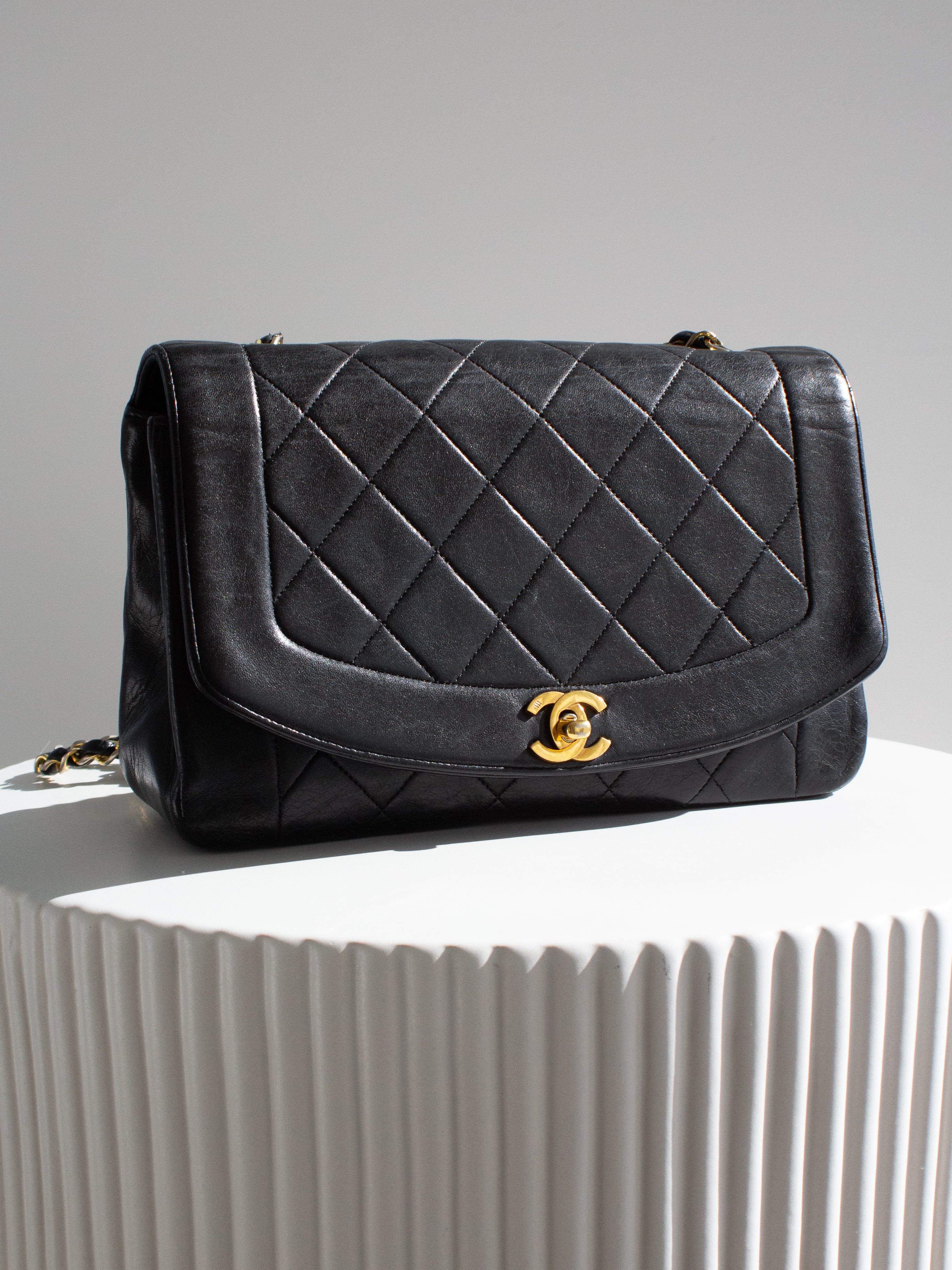 Chanel Vintage Diana Medium Black Lambskin 24K Gold Flap Bag