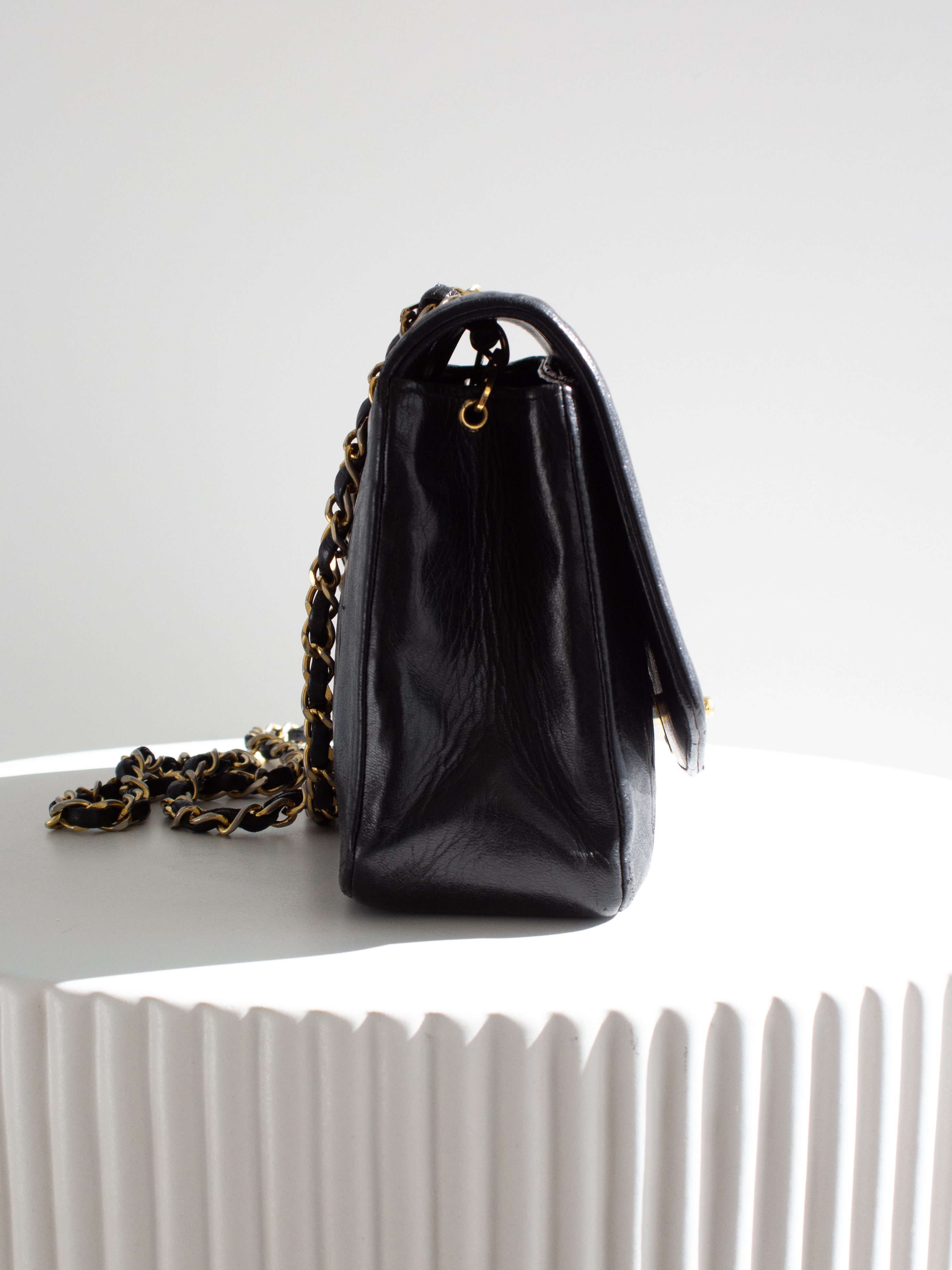 Chanel Vintage Diana Medium Black Lambskin 24K Gold Flap Bag