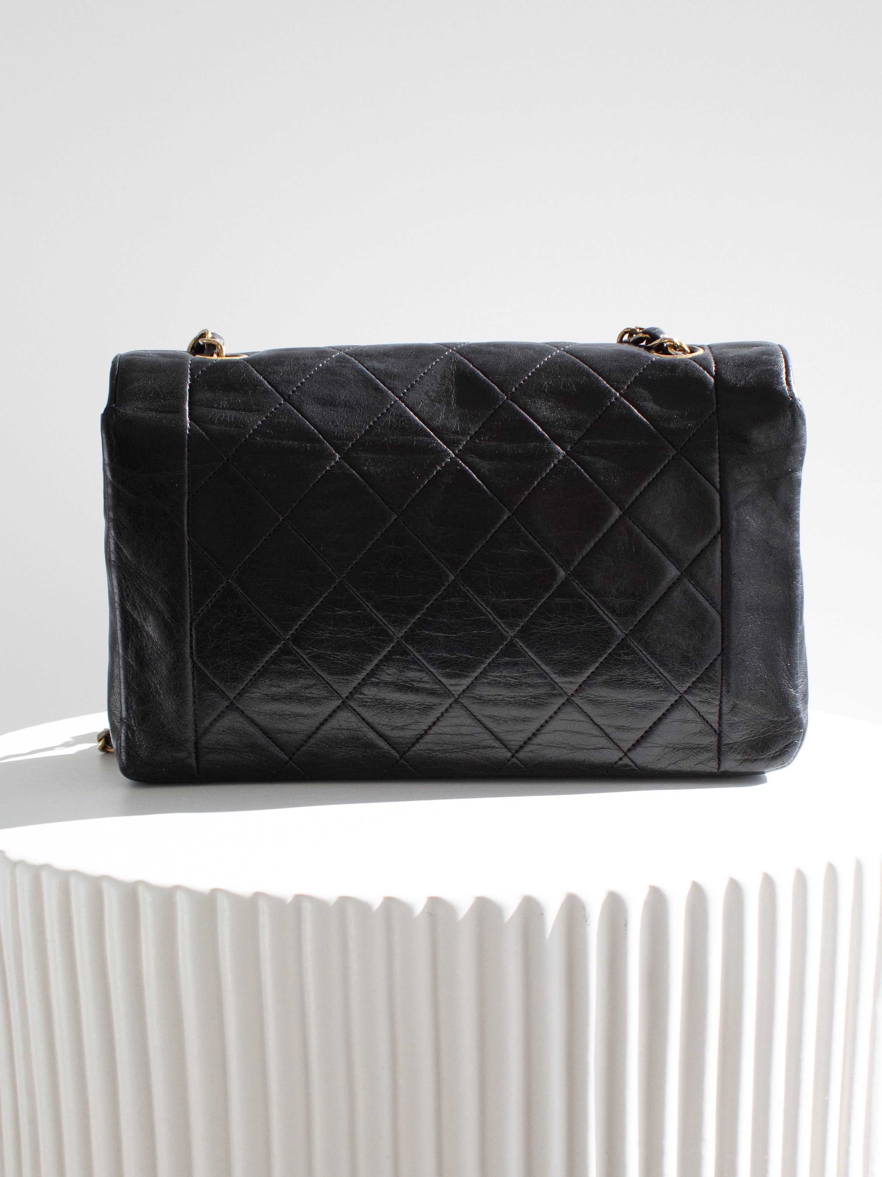 Chanel Vintage Diana Medium Black Lambskin 24K Gold Flap Bag