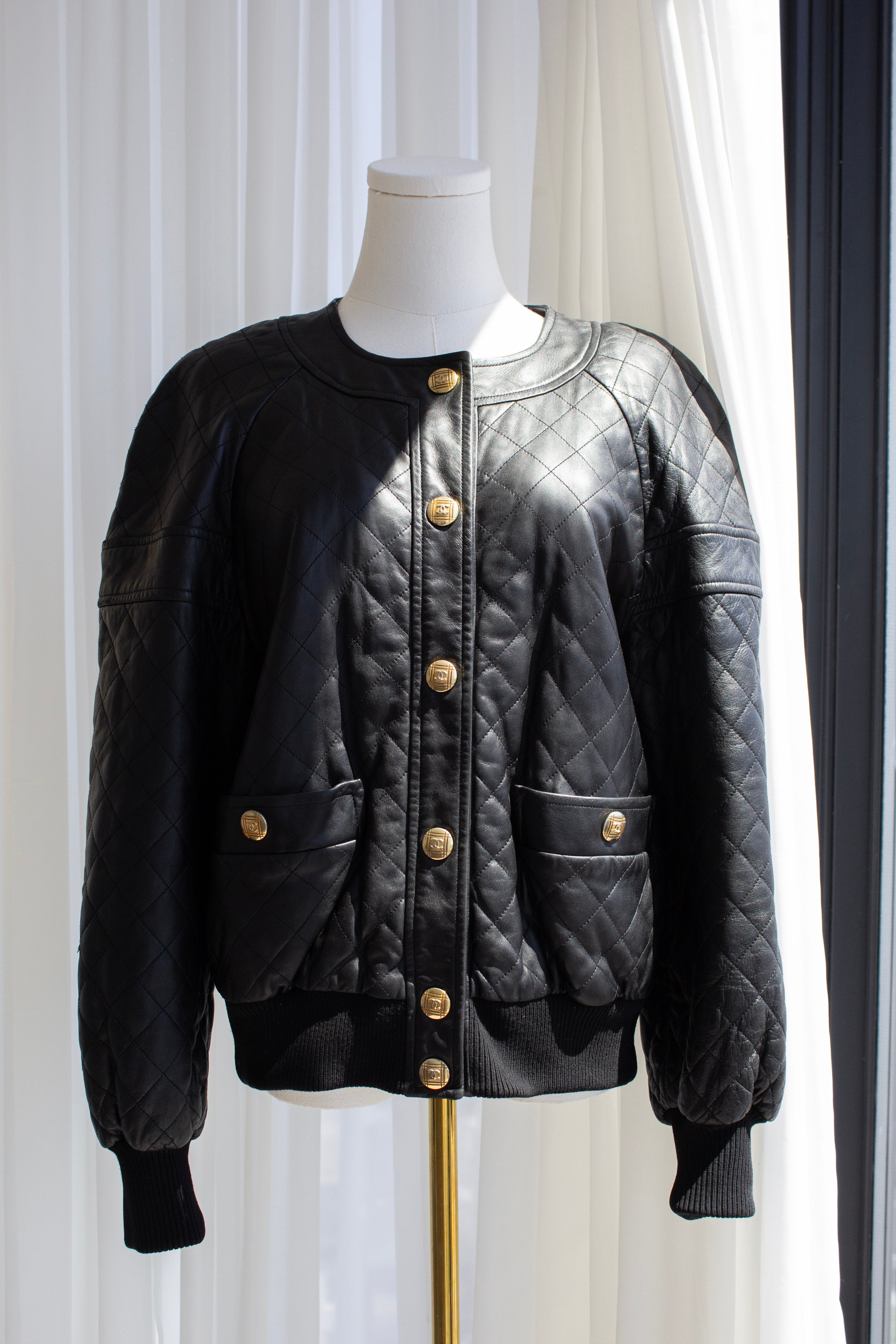 Chanel Vintage F/W 1991 Black Leather 24K Gold Quilted Bomber Jacket
