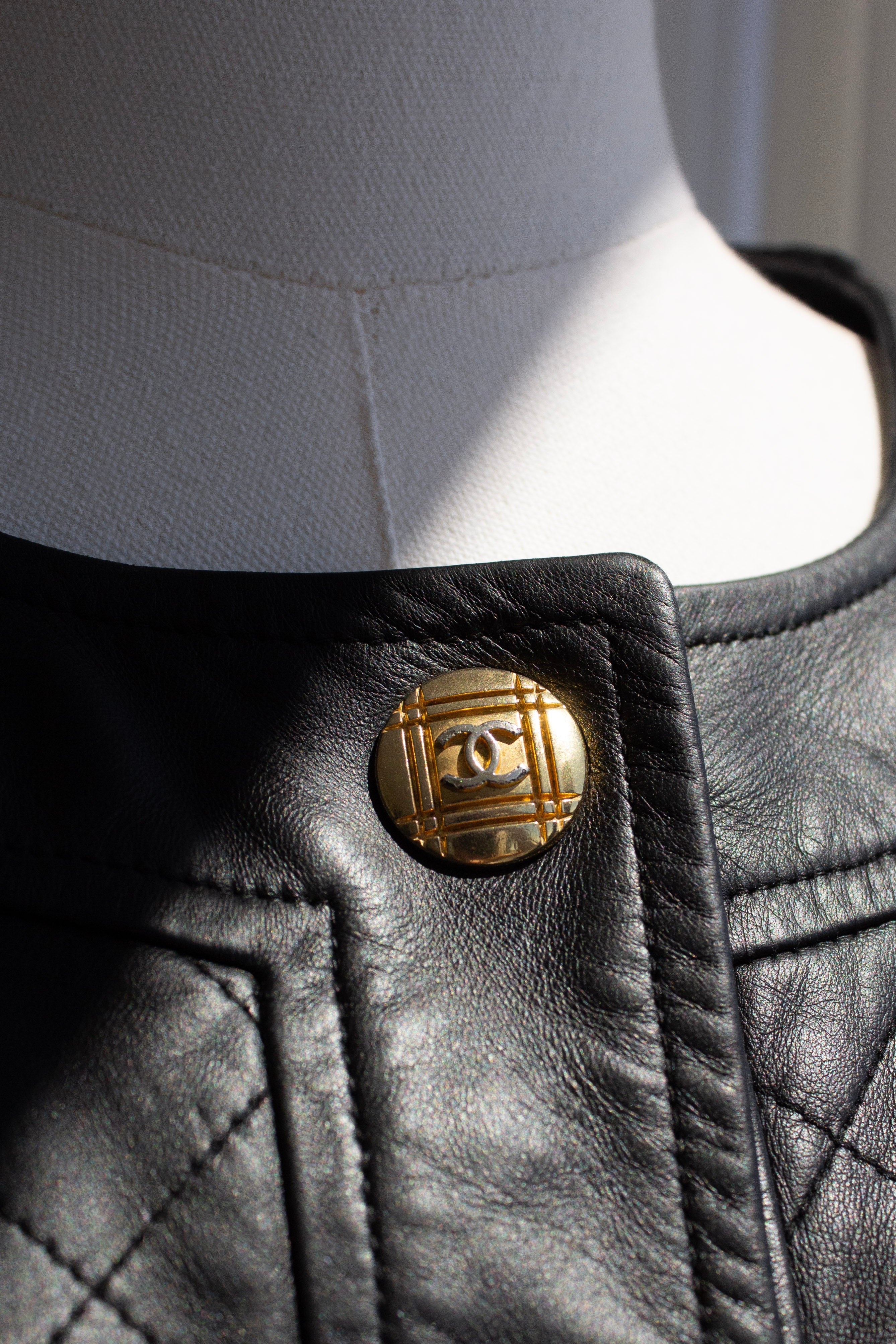 Chanel Vintage F/W 1991 Black Leather 24K Gold Quilted Bomber Jacket