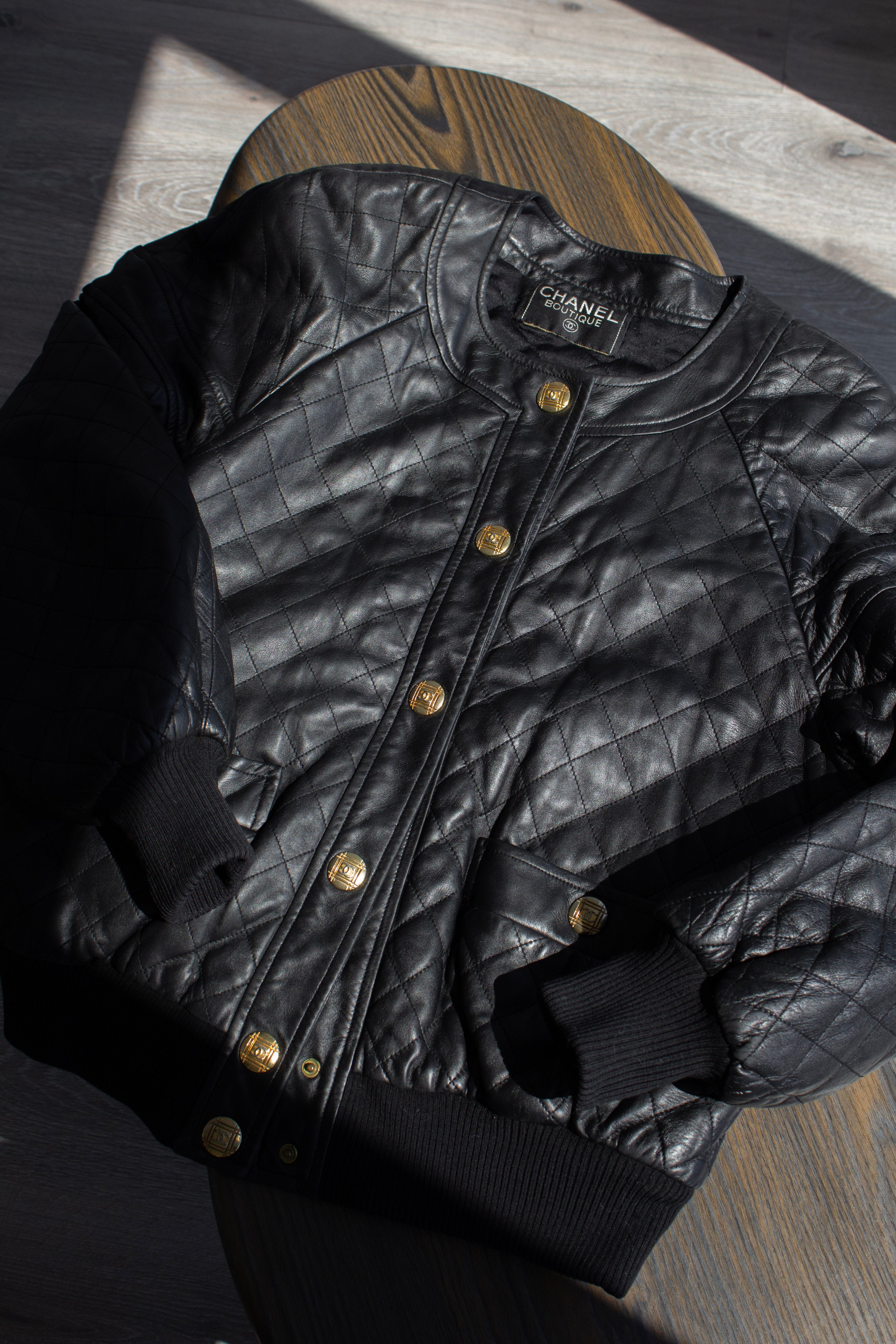 Chanel Vintage F/W 1991 Black Leather 24K Gold Quilted Bomber Jacket
