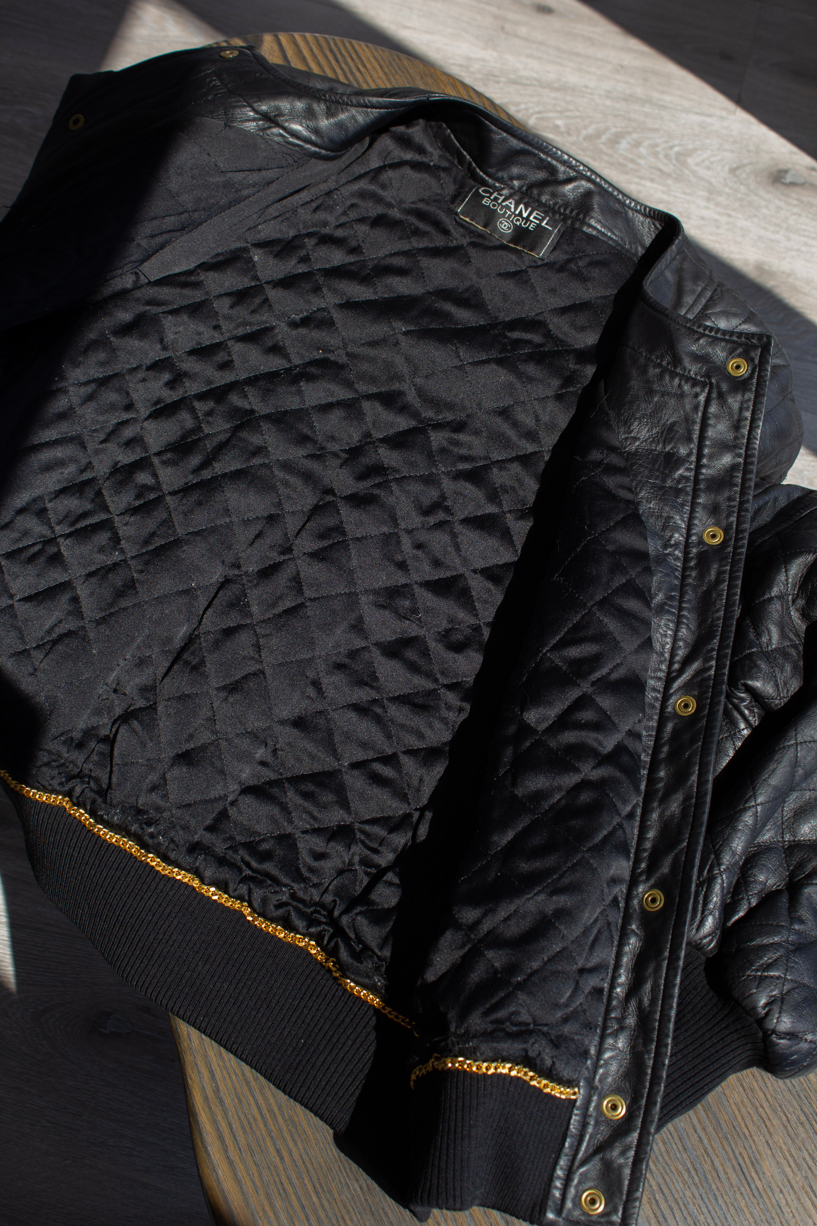 Chanel Vintage F/W 1991 Black Leather 24K Gold Quilted Bomber Jacket