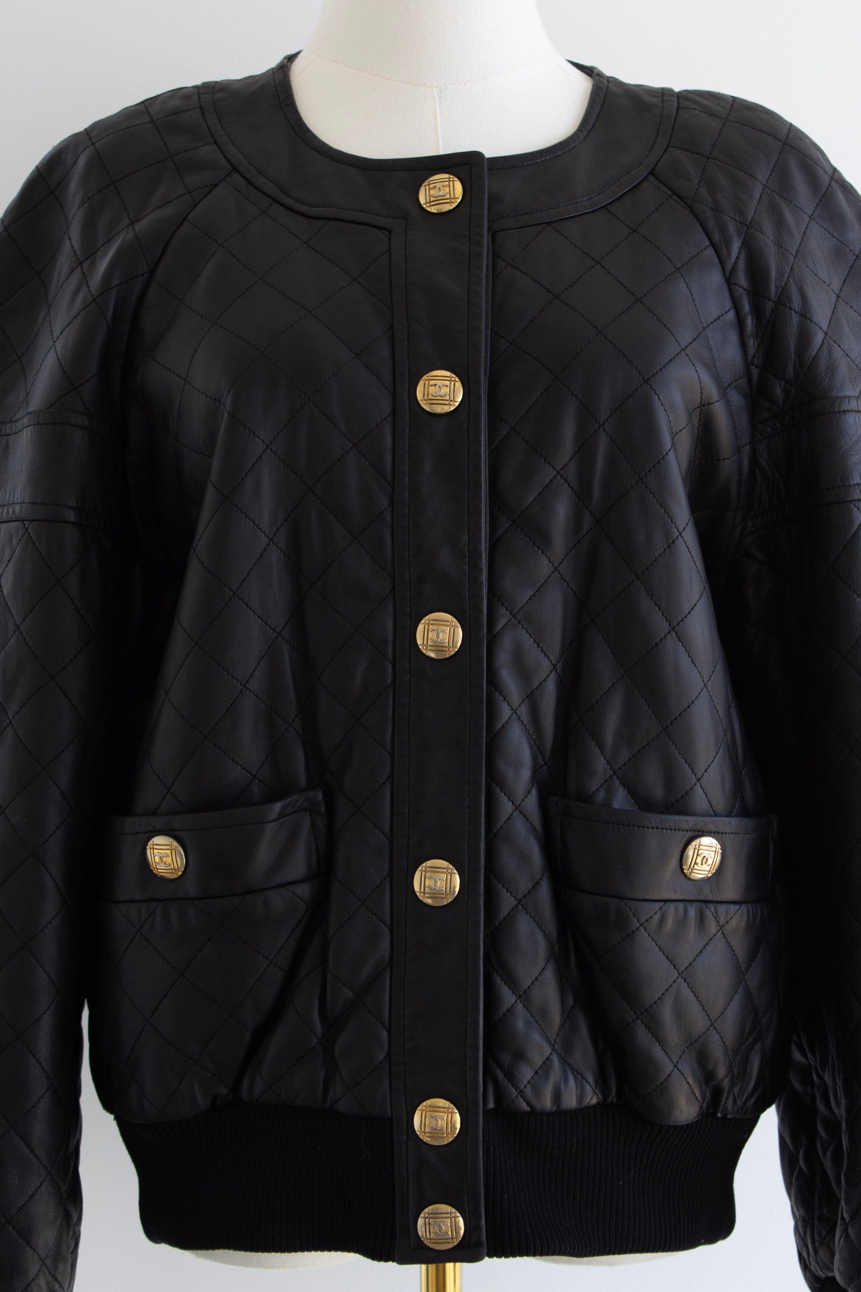 Chanel Vintage F/W 1991 Black Leather 24K Gold Quilted Bomber Jacket