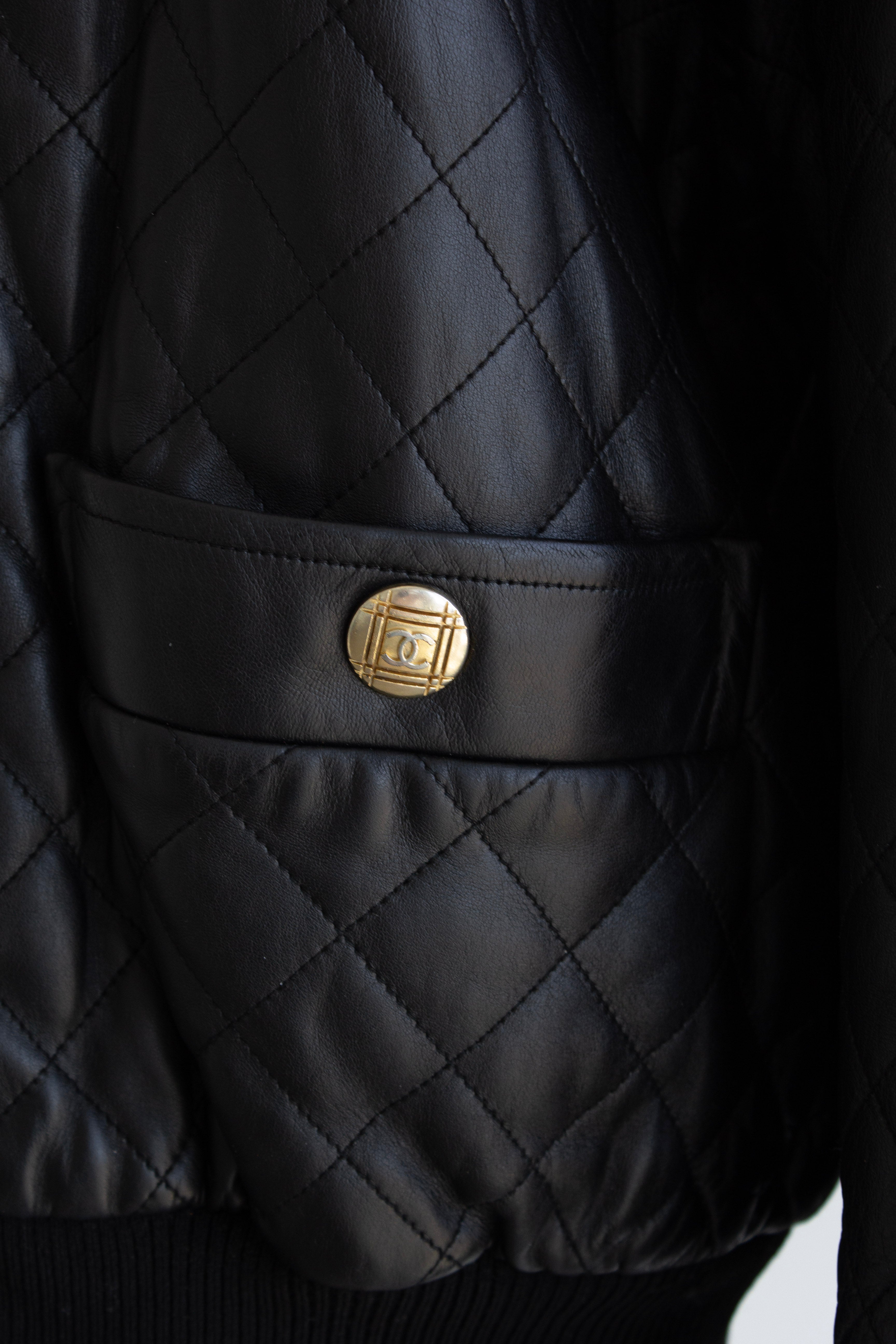 Chanel Vintage F/W 1991 Black Leather 24K Gold Quilted Bomber Jacket