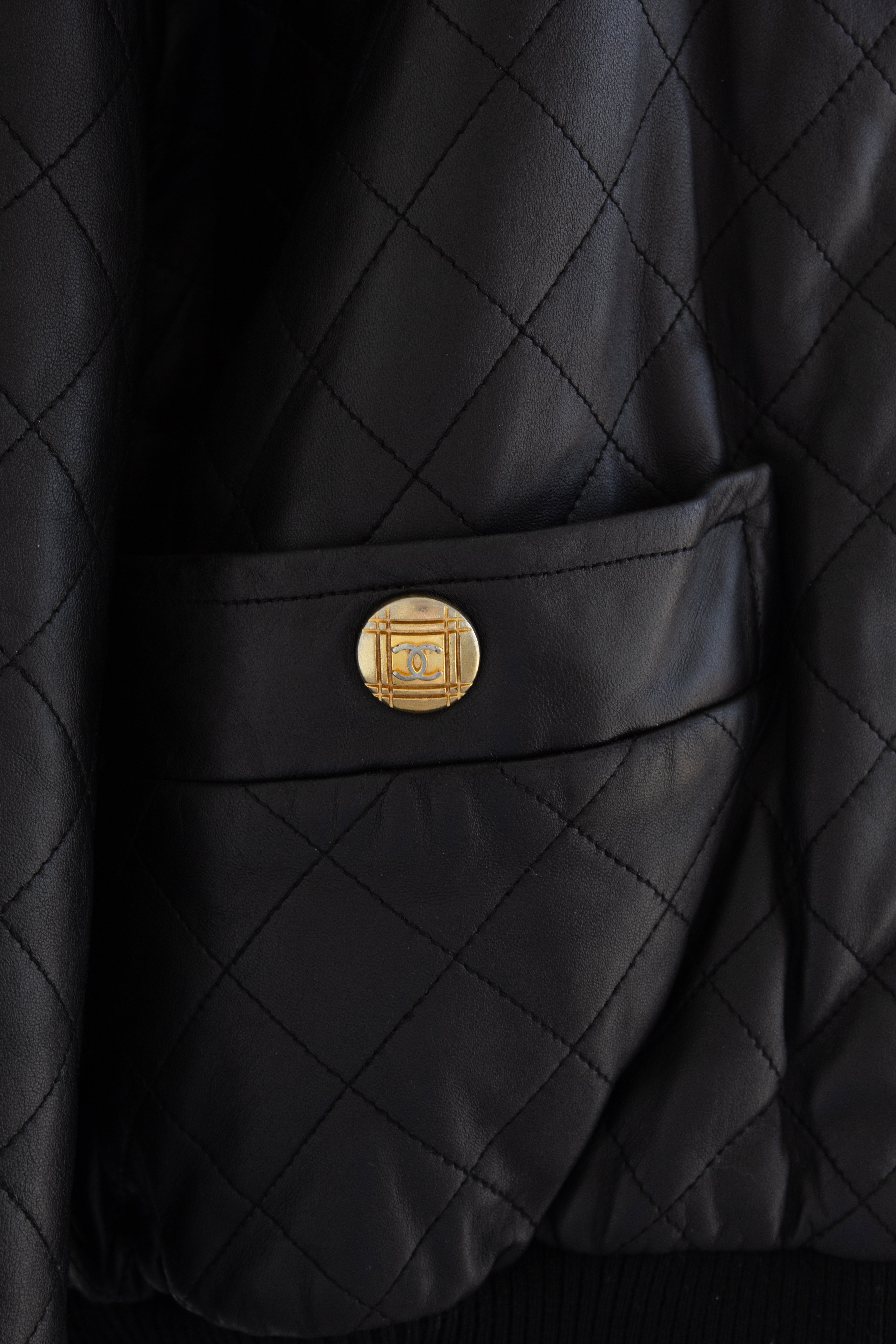Chanel Vintage F/W 1991 Black Leather 24K Gold Quilted Bomber Jacket