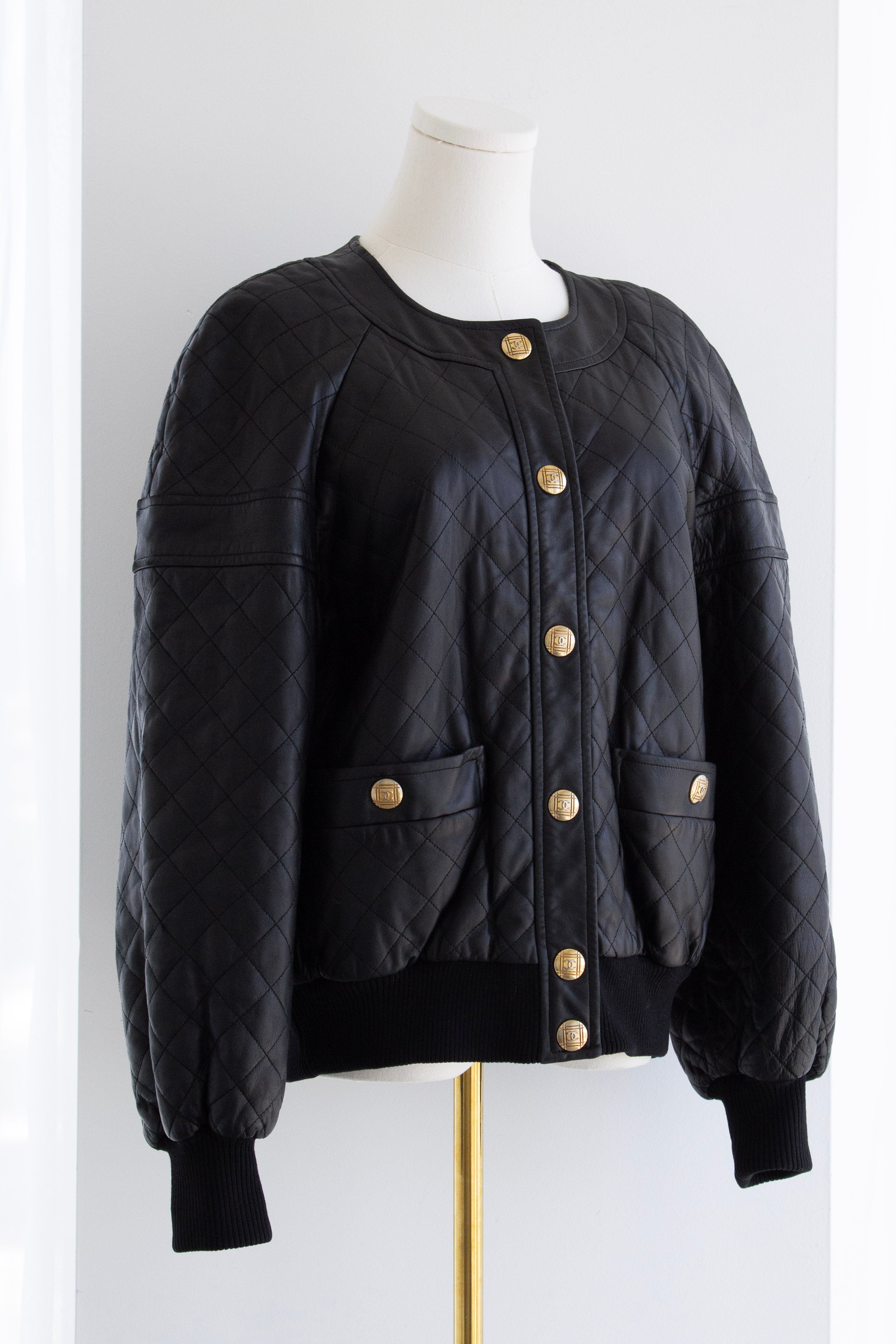 Chanel Vintage F/W 1991 Black Leather 24K Gold Quilted Bomber Jacket