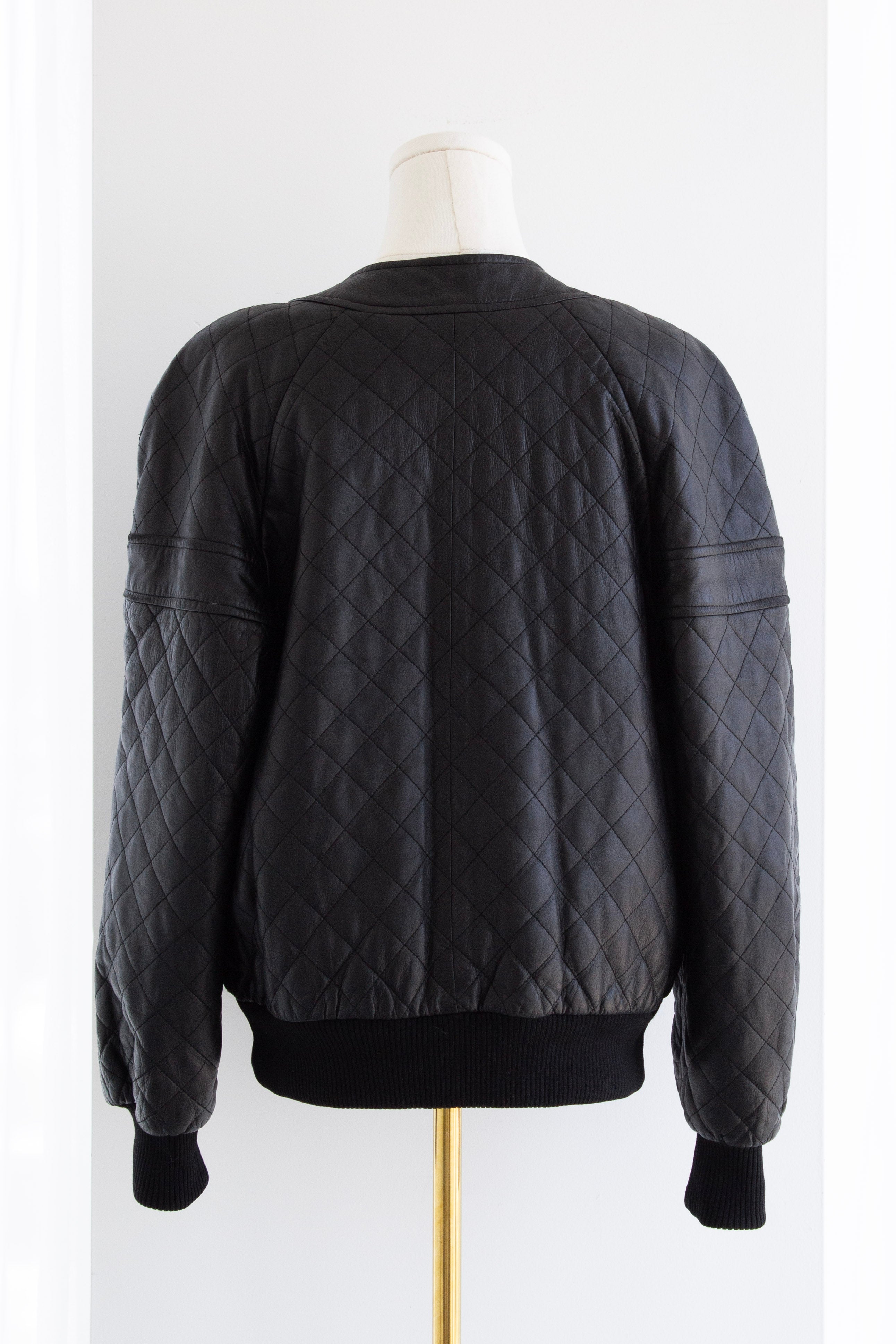 Chanel Vintage F/W 1991 Black Leather 24K Gold Quilted Bomber Jacket