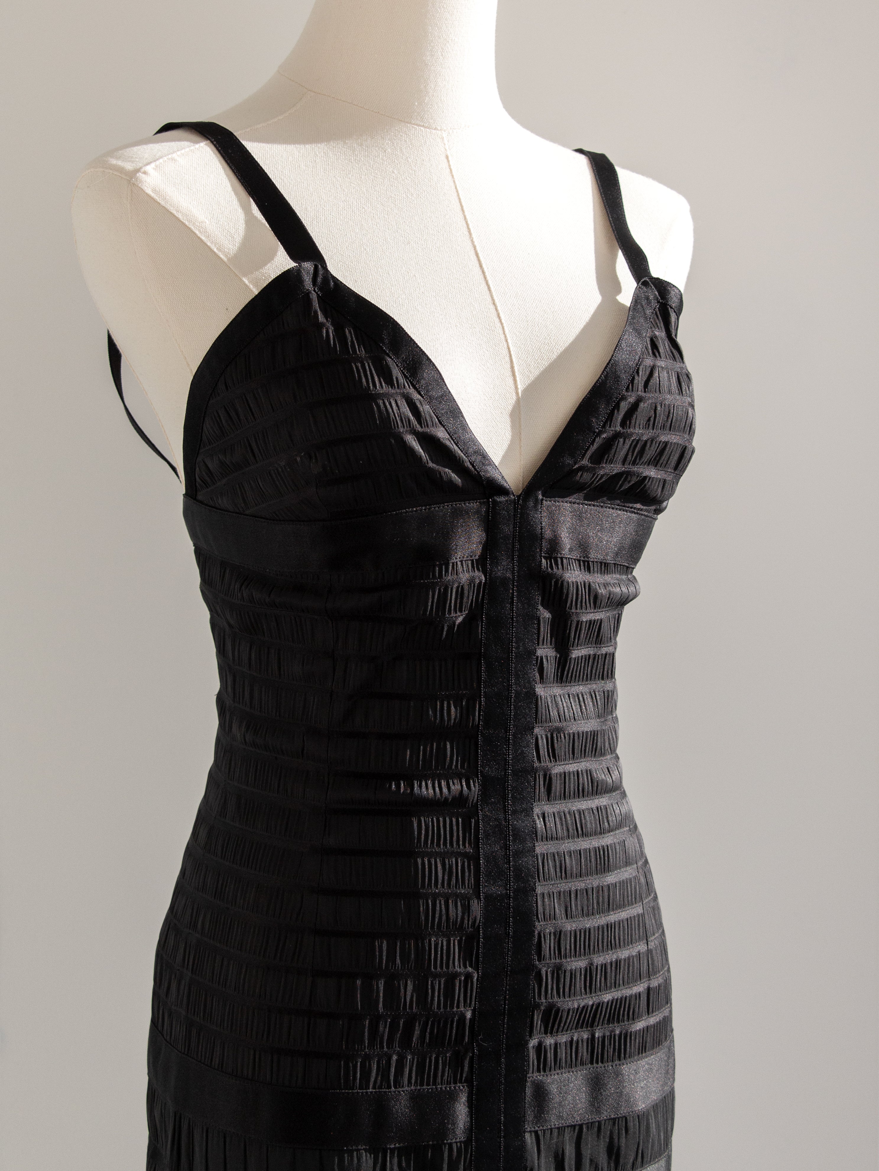 Chanel Vintage Fall/Winter 1992 Black Lesage Ribbon Silk Bodycon Midi Dress