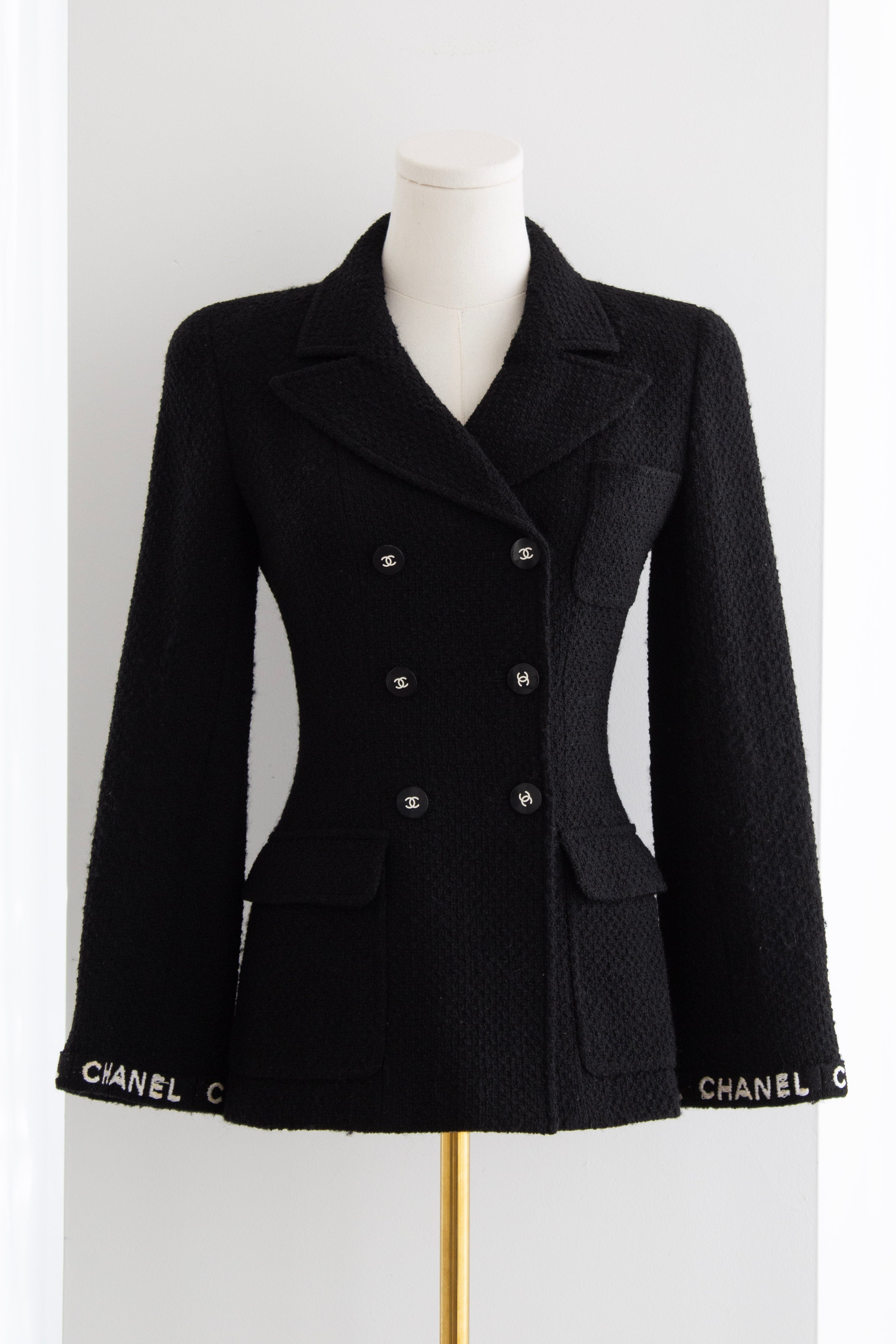Chanel Vintage F/W 1995 Black White Logo Tweed 95A Jacket