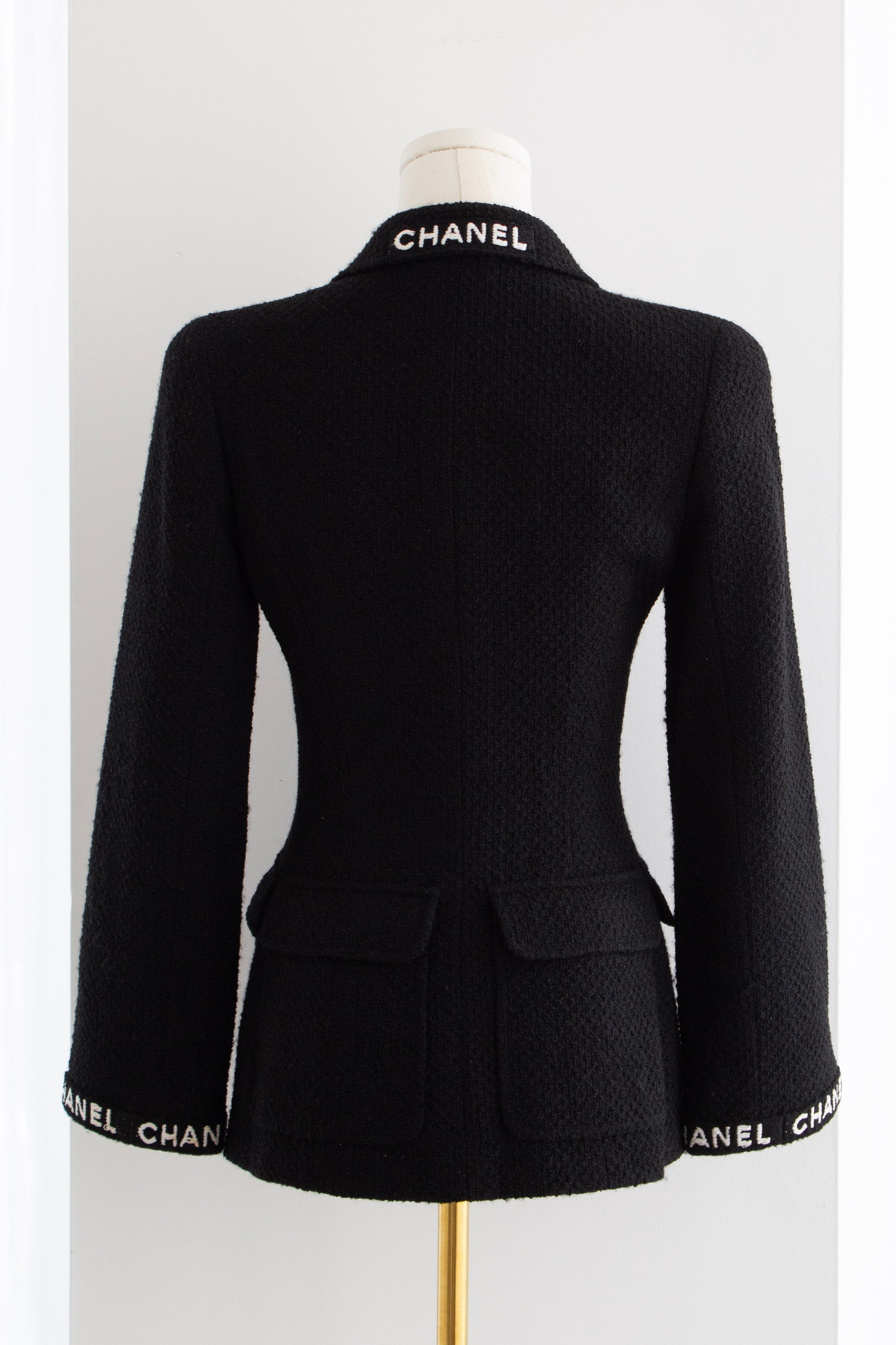 Chanel Vintage F/W 1995 Black White Logo Tweed 95A Jacket